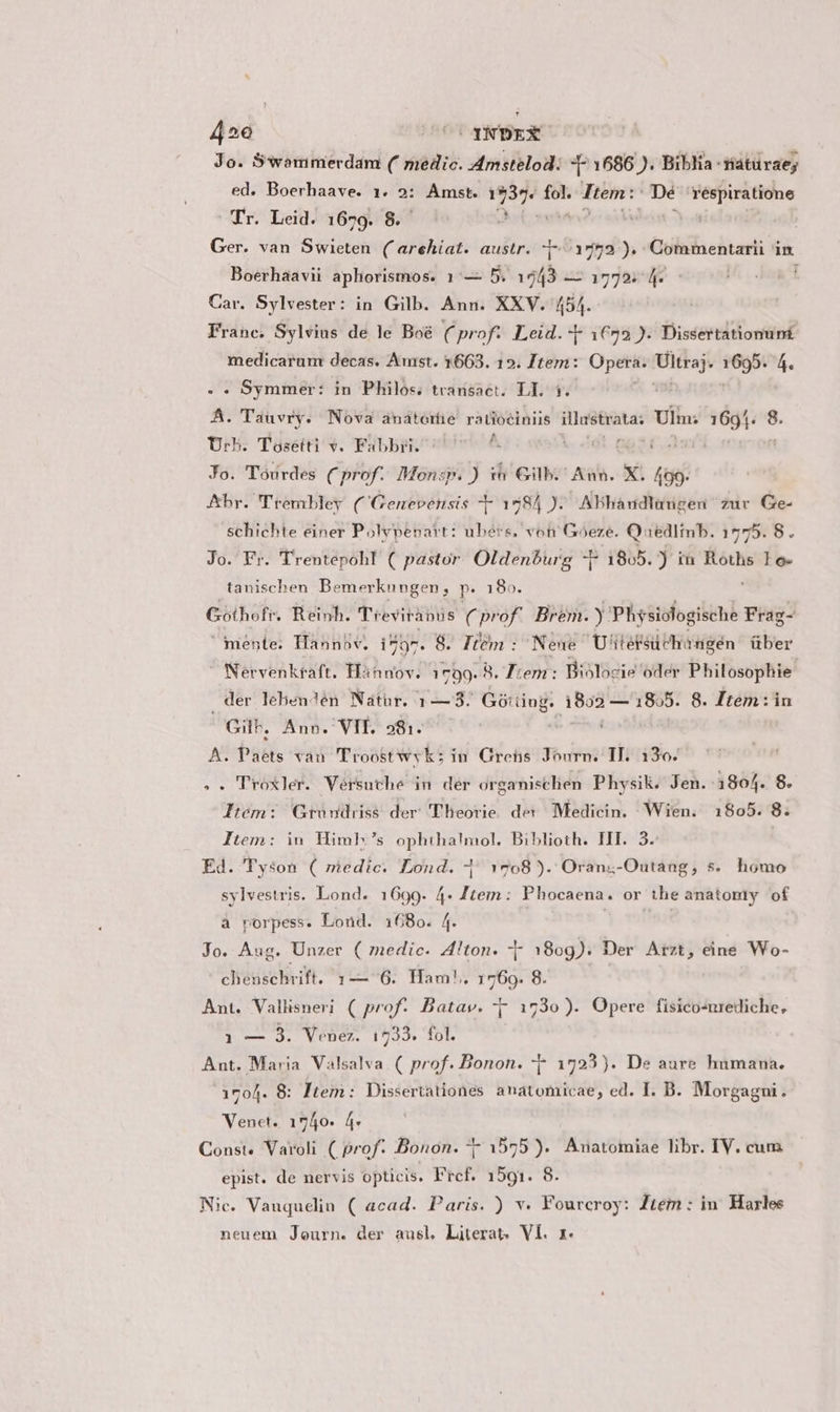 Jo. Swemmerdam (€ medic. Amstelod: 1686 ). Biblia: fatüraey ed. Boerhaave. 1. 9: Amst. 1737 fol. vem: | Dé aur | Tr. Leid. 1679. 8. - Juin Ger. van Swieten ('arehíat. austr. hpd» ). Commentarii in Boerhaavii aphorismos. 1:— 5. 1543 — 1772. 4. - f Car. Sylvester: in Gilb. Ann. XXV. 454. Frane. Sylvius de le Boe Cprof. Leid. X 1692 ). Dissertationuni medicarum decas. Amst. 1663. 15. Item: E Ultraj. my Á. . . Symmer: in Philos. transact. LI. A. Tauvry. Nova anáterie ratiociniis illustrata: Ulm; dia 8. Urb. Toseiti v. Fabbri. ^. ke per Jo. Tourdes (prof. Monsp. ) ih Gilb. Ann. x. pe Abr. (Trembley (Genevensis T 1584 ). ABbaudlüugen zuv Ge- schichte einer Polypenart: ubérs. voti Góeze. Quedlimb. 1775. 8. Jo. Fr. Trentepohl ( pastor Oldenburg t 1895. ) in Roths To- tanischen Bemerkungen, p. 180. Gothofr. Reiwh. Treviranus (prof. Brem. A —' Frag- hiente. Hannbv. i797. 8. Item : Nene Uiersdchangén über |» Nervenkraft. Hánnov. 1799. 8. Frem: Biblocie oder Philosophie der leben?én Natur. 1—8. Niigcn jet 8. Item: in ; Gil, Ann. VTÍ. 28. A. Taets van 'Troostwyk: in. Grehis Tourn. TI. 130. ». Troxler. Vérsuche in der organisclien Physik. Jen. 33804. 8. Itóm: Growdiss der Theorie dev Medicin. Wien. 1805. 8. Item: iu Himh's ophthalmol. Biblioth. III. 3. | Ed. Tyson ( medic. Lond. -| 1708). Oran;-Outang, s. homo sylvestris. Lond. 1699. 4- Jtem: Phocaena. or the anatonty of a rorpess. Lond. 168o. 4. Jo. Aug. Unzer ( medic. 4!ton. | 180g). Der Arzt, eine Wo- chensehrift. 1-76. Ham! 1760. 8. Ant. Vallisneri ( prof: Batav. ^r 1730 ). Opere fisico-urediche, 1 — 3. Venez. 1533. fol. Ant. Maria Valsalva. ( prof. Bonon. t 1723). De aure humana. 1704. 8: Item : Dissertationes anatomicae, ed. I. B. Morgagni. Venet. 17540. 4. Const. Varoli ( prof: Bonon. 1575 ).. Anatomiae libr. IV. cum epist. de nervis opticis, Fref. 1591. 8 Nie. Vauquelin ( acad. Paris. ) v. Foureroy: Item : in. Harlee neuem Journ. der ausl. Literat Vl. x