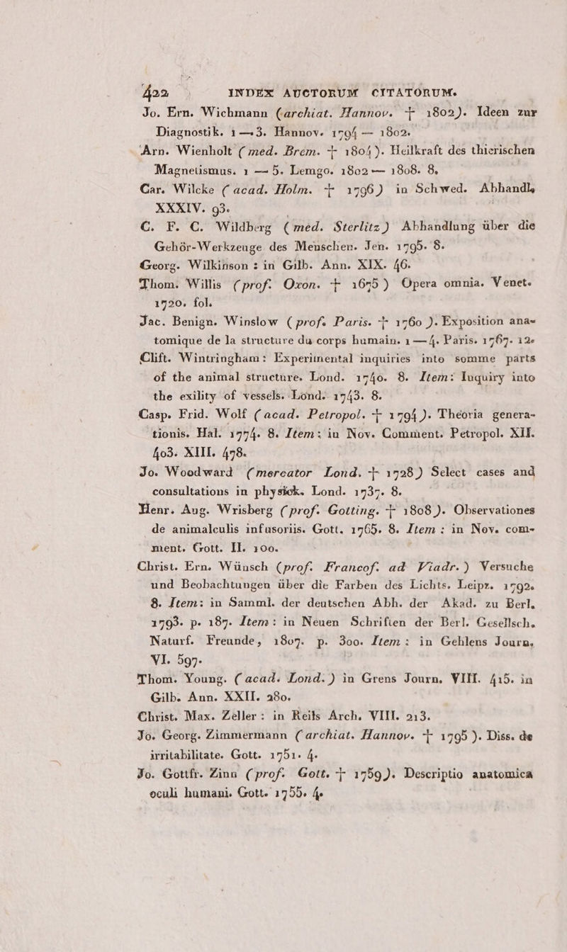 4o2 | INDEX AUCTORUM CITATORUM. | Jo. Ern. Wichmann (archiat. Hannov. Y 1802). Ideen zur Diagnostik. 1— 3. Hannov. 179/ — 1802. Arn. Wienholt ( med. Brem. X 1804). Heilkraft des thierischen Magneusmus. 1 — 5. Lemgo. 1802 — 1808. 8. | Car. Wilcke (' acad. Holm. - 1796) in Schwed. Abhandl, XXXIV. 93. C. F. C. Wildberg ( med. Sterlitz) Abhandlung über die Gchàr-Werkzeage des Meuschen. Jen. 1795. 8. (Georg. Wilkinson : in Gilb. Ann. XIX. 46. Thom. Willis (prof. Oxon. t 1655) Opera omnia. Venet. 1720. fol. Jac. Benign. Winslow ( prof. Paris. -- 1760 ). Exposition ana» tomique de la structure du corps humain. 1 — 4. Paris. 1767. 12- Clift. Wintingham: Experimental inquiries into somme parts of the animal structare. Lond. 1740. 8. Item: luquiry into the exility of vessels. Lond. 1743. 8. Casp. Frid. Wolf ( acad. Petropol. -- 1794). Theoria genera- tionis. Hal. 1754. 8. Item: iu Nov. Comment. Petropol. XII. 403. XIII. 478. J Jo. Woodward (mereator Lond.-|- 1728) Select cases and consultations in phy sick. Lond. 1737. 8. Henr. Aug. Wrisberg (prof. Gotting. 1808 ). Observationes de animalculis infusoriis. Gott. 1765. 8. Jtem : in Nev. com- ment. Crott. II. 100. Christ. Ern. Wünsch (prof. Francof. ad. Fiadr.) Versuche und Beobachtungen über die Farben des Lichts. Leipz. 1792. 8. Jtem: in Samml. der deutschen Abh. der Akad. zu Berl. 1799. p. 187. Jtem: in Neuen Schriften der Berl. Gesellsch. Naturf. Freunde, 1807. p. 3oo. Jtem: in Gehlens Journ, VI. 597. Thom. Young. ( acad. «Lond. ) iun Grens Journ, VIII. 415. ia Gilb. Ann. XXII. 230. Christ. Max. Zeller: in Reils Arch. VIII. 213. Jo. Georg. Zimmermann (' archiat. Hannov. - 1795 ). Diss. de irritabilitate. Gott. 1751. 4. Jo. Gottfr. Zinn (prof. Gott. 1759). Descriptio anatomica eculi humani. Gott. 1755. 4.