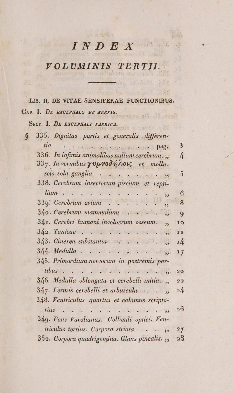 VOLUMINIS TERTII. LIB. I, DE VITAE SENSIFERAE FUNCTIONIBUS. Car. I. Dr ENCEPHALO ET NERFIS. Sscr. Il. Dr EwcEPHALI FABRICA. 5$. 335. Dignitas partis et pss differen- tia t.t 6f991 so xacur€éatune S DABE 336. In infimis animalibus nullum cerebrum. Y 337. In vermibus y ?ivoO 4; otc et. inollu- scis sola ganglia . . . - 338. Cerebrum insectorum piscium et Téff- lium . 339. Cerebrum avium . . 340. Cerebrum mammalium |... 3A41. Cerebri humani involucrum osseum. |. ,, dé. Zunmvagecqicouieia EE somos, 14] 343. Cinerea substantia. V. . . up Medulla.5 2147 wu 345. Primordium nervorum. in died par- tibusis is. iq 346. Medulla dr cuta et delicti initia. . ,, 35 347. Fermis cerebelli et arbuscula .. 2 348. Fentriculus quartus et calamus scripto- rius n 9 «3 e 2? 349. Pons diio Colliculi optict. io triculus tertius. Corpora striata — «y, 350. Corpora quadrigemina. Glans pincatis. ,; 26 27 28