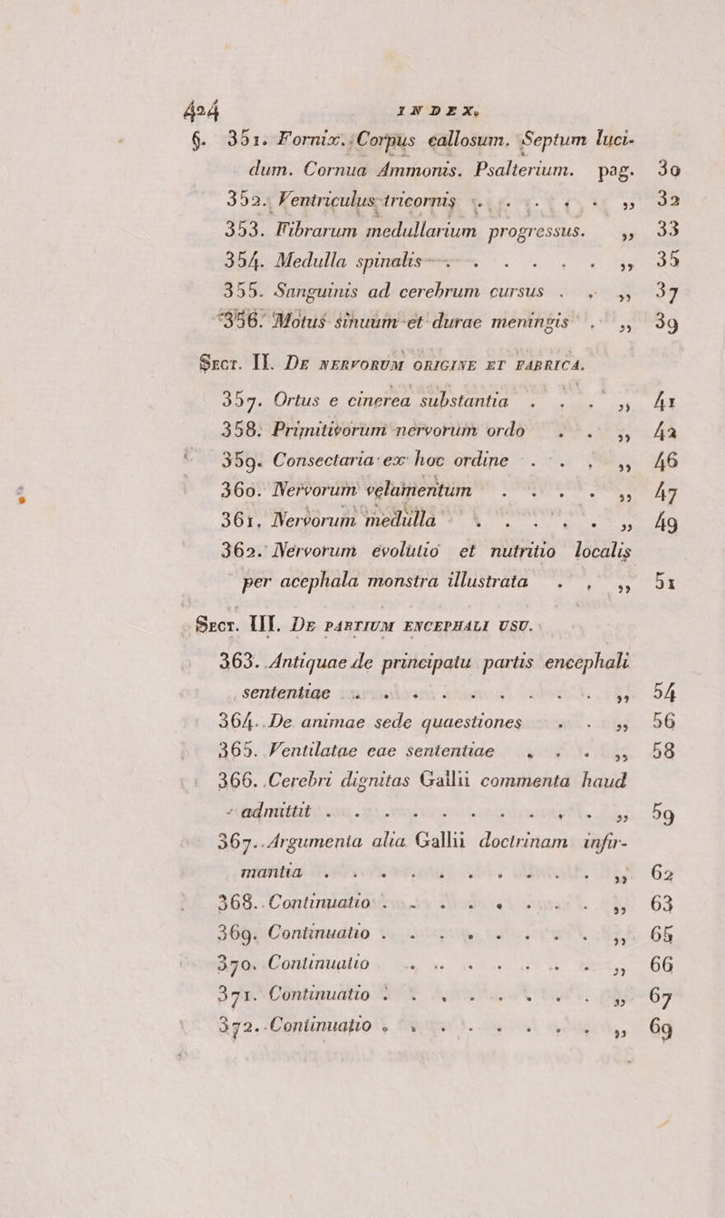 6. 381: Fornix.:Corpus eallosum. Septum luci- dum. Cornua. Ammonis. Psalterium. pag. 352. Fentriculus-tricorms |... € os 353. F'ibrarum medullarium progressus. » DUE dMedulla spi 0.0. vy ous 355. Sanguinis ad cerebrum cursus . . ,, por ] » 2A; : bi * . 4 856. Motus sinuum-et durae meningis ' ..— ,, Srcr. II. Dr wERvonUM ORIGINE ET FABRICA. 357. Ortus e cinerea substantia... zh 358. Primitivorum nervorum ordo — . ..,, 359. Consectaria:ex: hoc ordine |... 360. lYervorurmn velamentum E 361. Nervorum medulla ^ . . . . . T 362. lVerveorum evolitio et nutritio localis per acephala monstra illustrata. , ,, ECT. Ill. Dg pranrIUM ENCEPHALI USU.- 363. Antiquae de principatu partis encephali Sentsnéuge :aiewdoana ^uo Lade oy) 364..De animae sede quaestiones... s 365. Fentilatae eae sententiae — . . . 366. .Cerebri dignitas Galli commenta. haud POM iocans - 3. mer vns Ce ear uoi ML. T 367..Adrgumenta alia, Galli. doctrinam. infar- Tinto Vv Hua: suiaV aiptaw. 3 359. «Contirgidtzoxi wis 2odeien gras X. 2$ A rs SM 369. Continudlo Vi oup Sou RT CES, 370. Continuatio Mor fcq X e Met 271. Contipudtto QUY. Aosta mui nl 3g2..Coniinugito . tpa M. ws ddr,