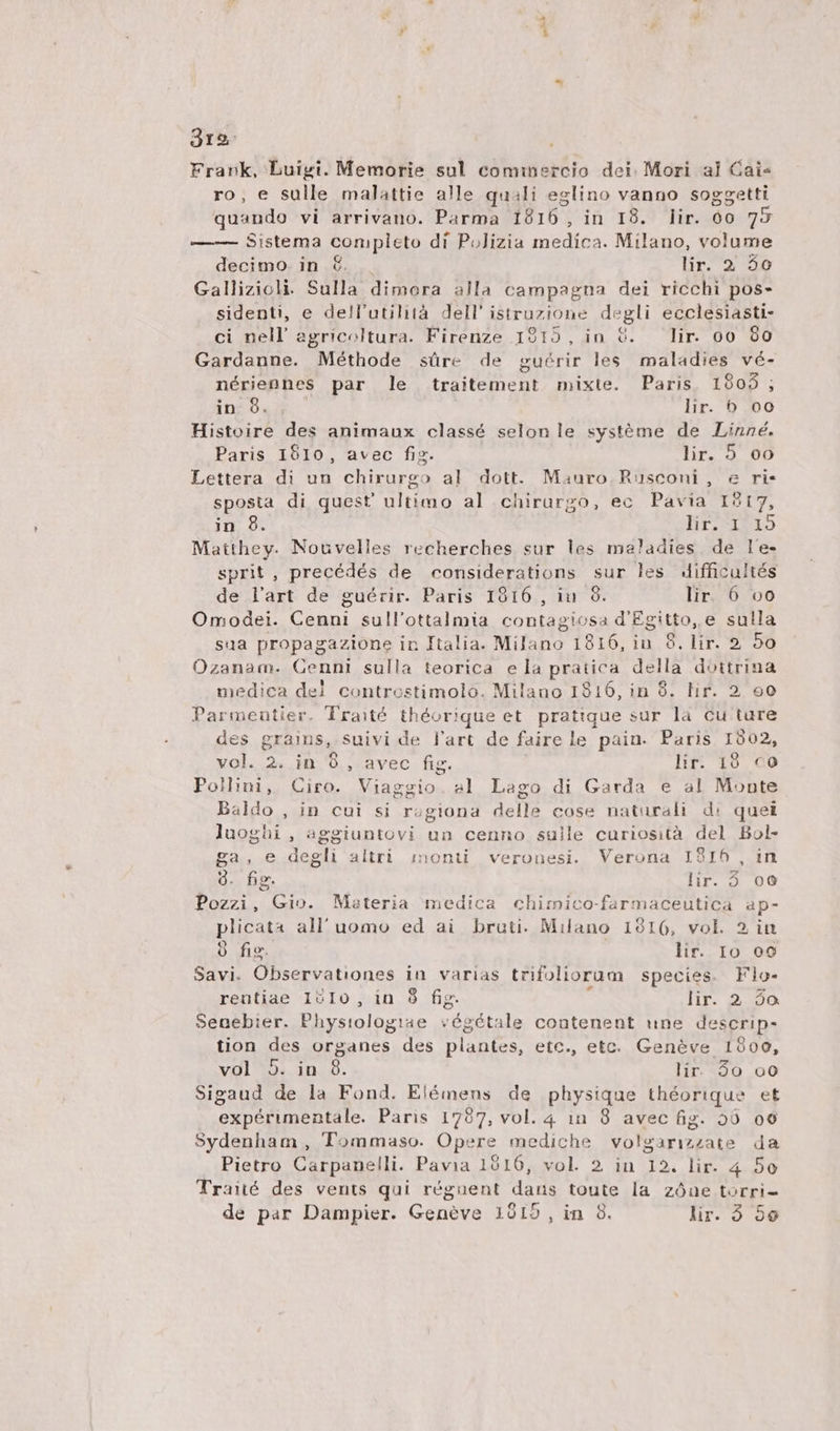 jr Frank, Luigi. Memorie sul cominercio dei. Mori al Cai- ro, e sulle malattie alle quali eglino vanno soggetti quando vi arrivano. Parma 1816. ,in I8. lir. 0o 75 —-— Sistema completo di Polizia medica. Milano, volume decimo in &amp;. lir. 2; 30 Gallizioli. Sulla dimora alla campagna dei ricchi pos- sidenti, e dell'utilità dell' istruzione degli ecclesiasti- ci nell' agricoltura. Firenze 1915, in 9. — lir. oo 90 Gardanne. Méthode süre de guérir les maladies vé- nériennes par ]le traitement. mixte. Paris 1803 ; in; 9. 4 lir. 0 00 Histoire des animaux classé selonle systéme de Linné. Paris 1610, avec fis. lir. 5 00 Lettera di un chirurgo al dott. Mauro Rusconi, e ri- sposta di quest ültidio al chirargo, ec Pavia I217, in 8. Hr uSD Matthey. Nouvelles recherches sur les maladies. de le- sprit, precédés de considerations sur les difficultés de l'art de guérir. Paris I816 , iu 9. lir. 6 oo Omodei. Dan sull'ottalmia contagiosa d' Egitto, e sulla saa propagazione in Italia. Milano 1816, iu 9. lir. 2, 5o Ozanam. Cenni sulla teorica ela pratica della dottrina medica del controstimolo. Milano 1816, in 8. lir. 2, o0 Parmeutier. Traité. théorique et. pratique sur la cu ture des grains, suivi de l'art de fairele pain. Paris 1802, vol. 2. in 9, avec fig. lir. 18 co Poilini, Ciro. Viaggio. sl Lago di Garda e al Monte Baldo , in n si rogiona delle cose naturali d: quei luoghi , aggiuntovi un cenno sulle curiosità del Bol- ga, e de NI altri inonti veronesi. Verona ISI, in 9. fig. lir. o0 Pozzi, Gio. Materia medica chirmico-farmaceutica ap- plicata all' uomo ed ai bruti. Milano 1916, vol. 2. in 9 Lh d fiv. lir. Io oo Savi. Observationes in varias trifoliorum species. Flo- rentiae IoIO, in 9 fig. lr. 210 Senebier. Phyerologiae végétale coutenent une descrip- tion des organes des plantes, etc., etc. Genéve 1900, vol 5. in 8. lir. 30 o0 Sigaud de la Fond. Elémens de physique théorique et expérimentale. Paris 1797, vol. 4 in 8 avec fig. 90 o6 Sydenham , Tommaso. Opere mediche volgarizzate da Pietro Carpanelli. Pavia 1916, vol. 2 in 12. lir. 4 50 Traité des vents qui réguent daus toute la zóae torri-