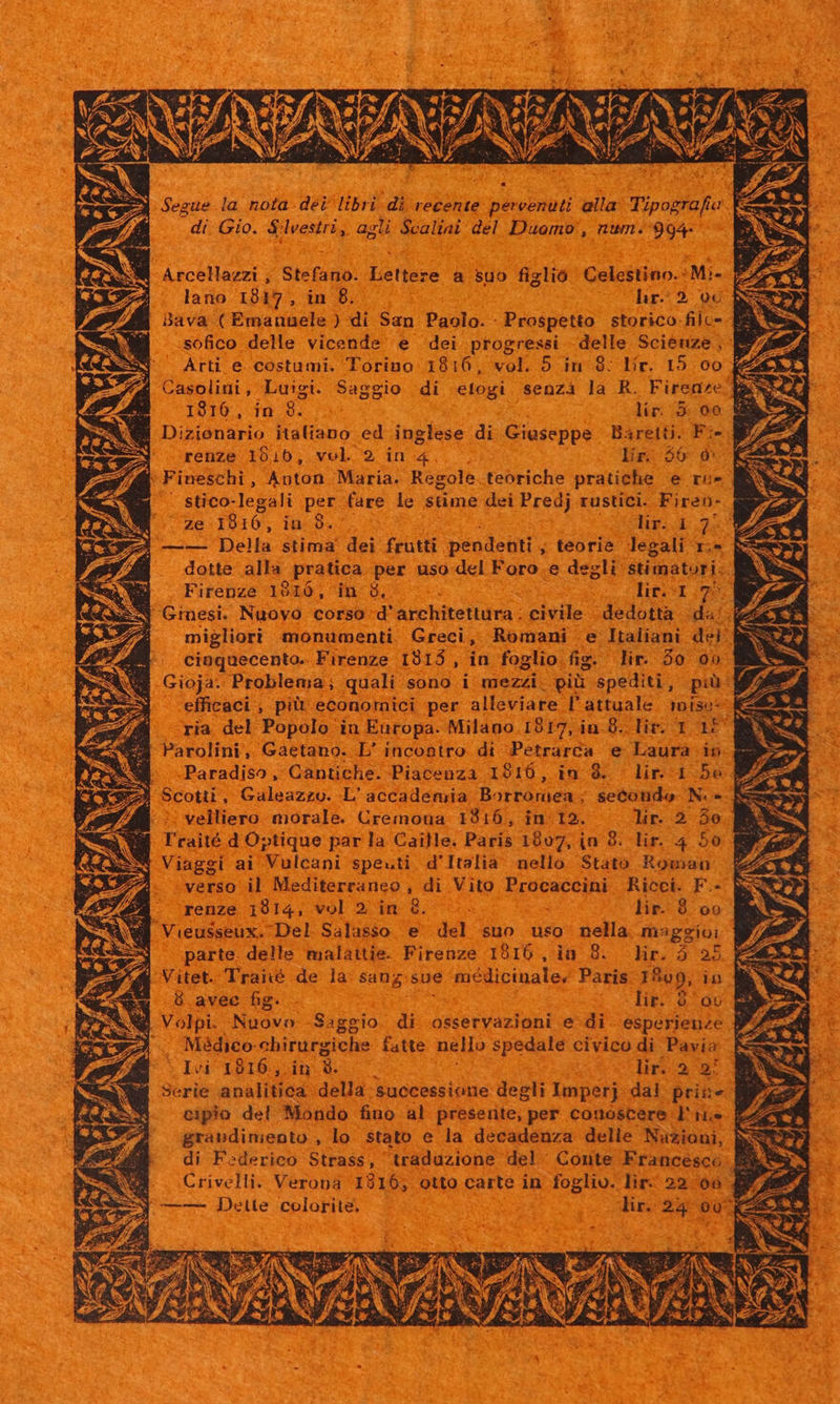 zu Segue la nota dei libri di recente pereenuti alla Tipografa . : di. Gio. $: side agli $caliai del Duomo , num. 994- | Arcellazzi , Stefano. Letiase a suo fizlió Celestino. :Mi- lano 1817, in 8. | hr. 92, 96 Bava ( Emanuele ) di San Paolo. - Prospetto storico: filc- sofico delle vicende e dei progressi delle Scienze, Arti e. costumi. Torino 1816, vol. 5 in 8: lir. 15 oo fea | casoliui, Luigi. Saggio di etogi senza la R. Firenze Mix 1816, in d: lir: 3: 00 E Dizionario italiano ed inglese di Giaseppe Baretü. F:- renze 1010, vol. 2 in 4.. . Lr $000 E Fineschi , Anton Maria. Regole. teoriche pratiche e p. . Stico-legali per fare le sme dei Predj rustici. Firen- NW ^ ze 1816, in. 8. diri 75 3 —-— Della stima dei frutti pendenti , teorie legali r.;- dotte: alla pratica per uso del Foro e degli sator; À Firenze 1910, in 8. lir, 1.75 NW Gmesi. Nuovo corso d' arctiteiudma: civile .dedotta i | migliori monumenti Greci, Romani e Italiani del. E. cinquecento. Firenze 1913 , in foglio fig. lir. 50 05 | Gioja. Problema; quali sono i mezzi. piü spediti, pii B efficaci , pit economici per alleviare l' attuale inise NOE ria del Popolo in Europa. Milano.1817, in 8. lir. 1 15 N&amp; Parolini, Gaetano. L' incontro di Petrarca. e Laura io . Paradiso, Cantiche. Piacenza 1916, in 9. lir. 1 5e. | Scotti , Galeazzo. L'accademia Borromea; secondo N. ^ PES | velliero morale. Cremoua 1316, in. 12. lir. 2 5o RB T'talié d Optique par la Caille. Paris 1607, in 8. lir. 4 50 : Viaggi ai Vulcani speuti d'Itslia nello. Stato Romau verso il Mediterraneo , di Vito Procaccini Ricci. F.- | : renze 1914, vol 2. in gu lir. 8 oo M Vieusseux. Del Salasso e del suo uso nella. maggio, : j parte delle malattie. Firenze I816 , ia 98. lir. á 25 4 Vitet. Traneé de là sang sue médicinale; Paris 1809, io iM 0 avec fg. | lir. 909 ..] Volpi. Nuovn Saggio di. osservazioni e di esperienze f D . Màdico- chirurgiche fatte nello spedale civico di Pavia | Inu 1819, in d. lira »3 Serie analitica. della. successione degli lmperj dai prie cipio del Mondo fiuo al preseute, per conoscere I' ii graudin;ento , lo stato e la decadenza delle Nuziaui, di Federico Strass, traduzione del. Conte Francesce.. |. Crivelli. Verona 1916, otto carte in foglio. lir- 22 e: zd ——- Dette colorite. lir. MES ] A« A h Y lA i Y N T 2). / e.. ] J, y «v » ^ ^ zd? Y J  j .  ; Y  j * ,, 4 - ,  z E : B , - an 24 d A Pá aii dm a * AT ars h  ; ' 2 $ t ptos V Y 4 DE LAS 2 y ; 1 UN ew» f ri NP A ML ; i $^ JS. ( AS v 720 P