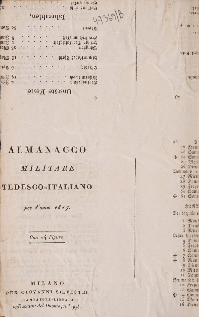e € 1s 8s qoM: 1 * » * r Pd . y : Jo 3uggqoq) 'uo[qez.qe £ vocje Eus o9 P ay YaroXi ko ats ing v '* s 55 t tg». mixto un r7 co! t *— ngg8]9)63g; std [MB 6o cen ui oboe dest. welbulds S Gt oc t! coc c o gnaég aóvipunuig Eli. 9p sete et atte sab y 6x toco cot cot t t éoagmaguis qe o 0707 t * tst puupbungdsg 3:9; f 9303su() ALMANACCO | MILITARE TEDESCO-ITALIANO | P4 ! pez flauuo 10 77. | Con 24 Figure. €——— € — — nad MILANO pER CIOVANNI SILVESTRI STAMPA TORE-LIBRAJO . agli scalin: del Duomo, n.? 994. — Weg 100 *ETOU. Z7 26 3k 22 jytel) 25 Cann 4. 24 On: 25 3)ioti. 20 Sici SioffinonD tr 27 3Nitt 20 Soni 29 $teti 9o Cam. X $i Oo! $6313 Set tag nim i 39on! 2 Jie ó Quitt Qc6te vicetel 9 3ion 9 Sint 10 3itü II Sen 3e ewuinon v. $ I2, jjtega 18 GCamí 15 3tont 16 Sienf