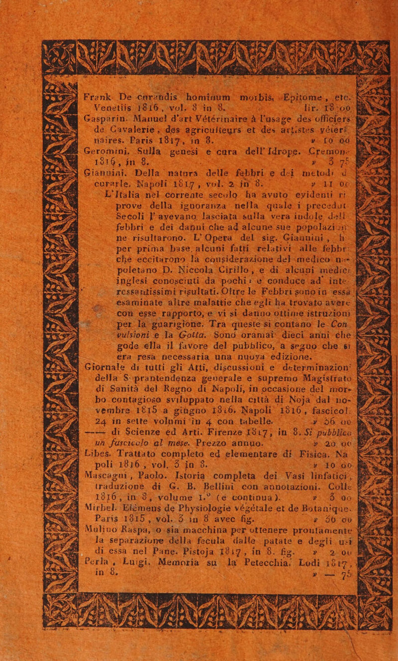 Frank. De heaps adi tpa : moibis ; Epitome ; eere: . Venetiis 1816, vol. 3 in 9. yc lir. 19:00 E Gasparin. Manut d'art Véisciodiend à l'usage RU officier: | de Cavalerie, des agriculteurs et des artistes yéieri. nàires. Paris 1817, Ha S mer o akt EO MEO B Geromini, Sulla genesi e cüra del Ses QCremone | 1916, jin 8. 2s DER Mua d $n (a 4 » (D lannial: Della natnra delle fabhri e dei metodi d. E Italia. nel. correate. seculo ha avuto evidati r! prove. della iguüorarnza nella quale i precedut.. $7 Secoli l'avevano lasciata eula vera indole dell f febbri e dei danni clie ad alcune sue popolazias. ne risultarono. L'Opera del sig. Giauuiui , h per prima base. alcuni fatti relativi. alle fabbr: ..che eccitaromo la considerazione del: medico- na- poletano. D. Niecola Cirillo RE di. alcuni. medie: | jnglesi conosciuti da pochi: e * conduce: ad inte- ; ressantissimi risultati. Oltre le Febbri sonoiu essa esaminate alire malattie che egli ha trovato avere | con esse rapporto, e yi si danuo ottime istruzioni - per la guarigione. Tra queste si contano le.Con. vulsiopi e la Gotta. $0nó oramai dieci anni: che &amp; gode ella il favore del pubblico, a $eguo che ei i era resà necessaria una nuoya edizione. Giornale di tutti gli Atti, discussioni e determinazion: di Sanità del Regno di Napoli, in occasione del more. bo contagioso sviluppato nella città di Noja dal no-. vembre 1815 a gihgno 1816. Napoli 1816, fascicol: | —-— di Scienze ed Arti. Firenze 1817, in 9.57 pubblico. uh fascicolo al mése. Prezzo annuo. . $».20 96: poli 1816 , vol, 5 ja 8. P» 10 00. Mascagni , Paolo. Istoria completa dei Vasi linfaüici, | traduzione. di G. B. Bellini con annotazioni. Coll: 19016, in 3, volume I. (e continua ). ». $ 9o Mirbel. Elémens de Physiologie végétale et de Botanique. Paris 1915 , vol. 5 in 8 avec iss r 560 oo E Mulino Raspá; vo .$ia macchina per r ottenere proutamente p la separaziome della fecula dalle . patate e degli. u-i di essa nel Pane. Pistoja 1917, in 8. fig. rd 2. 00 Perla , Luigi, Memoria su la Petecchia. Lodi 1917, in 9. : M Ait y 