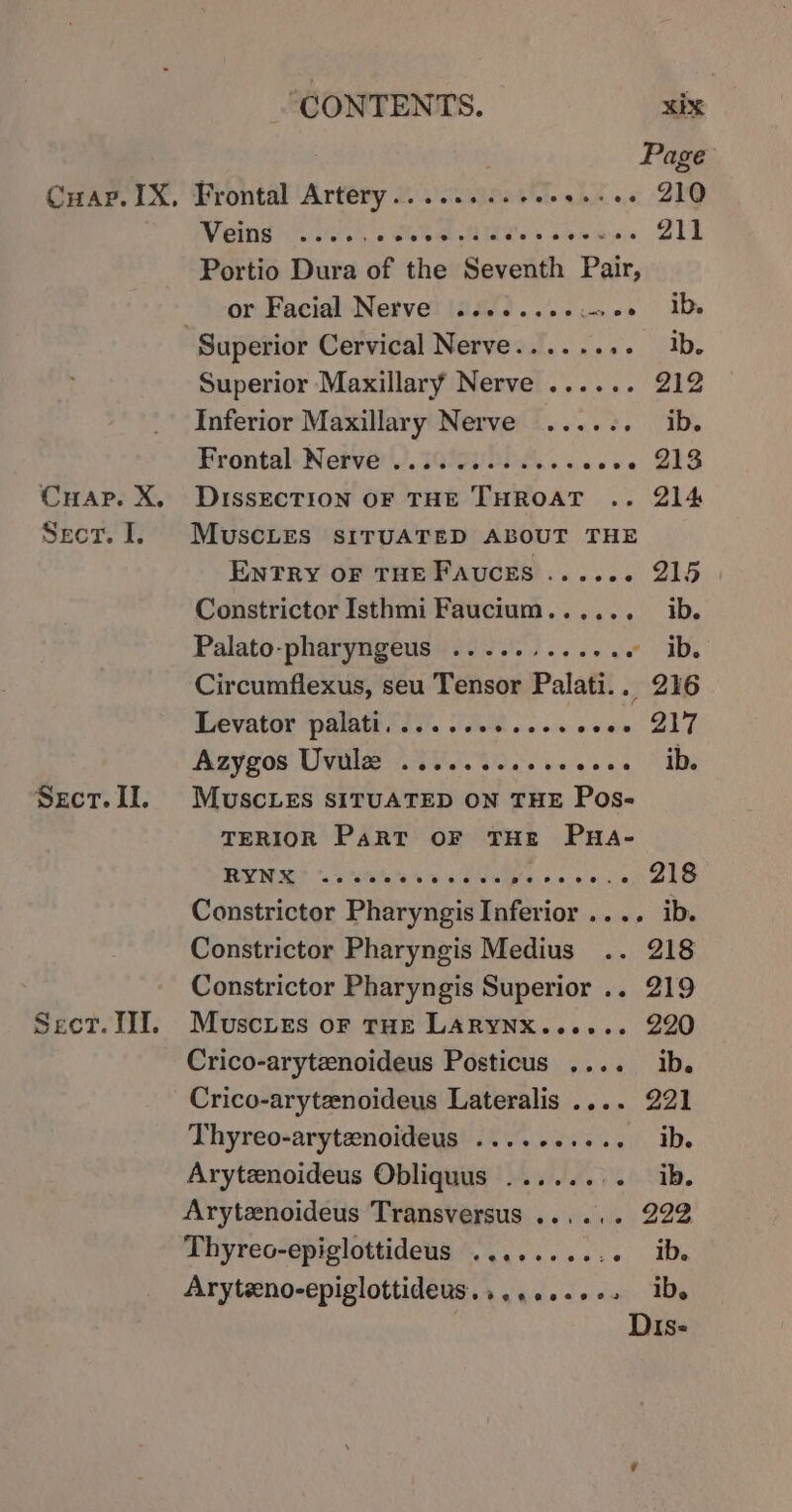 | } Page Cuapv. 1X. Frontal Artery.........2+5.+++ 210 Meigs 5 oe lps See MI Se 5 alee ws) 211 Portio Dura of the Seventh Pair, or Facial Nerve s¢.3...2.0++ ib Superior Cervical Nerve.......- Ib. Superior Maxillary Nerve ...... 212 Inferior Maxillary Nerve ...... ib. Frontal Nerve .......2.0+s00- - 218 Secr. I. Sxct. Il. DISSECTION OF THE THROAT .. 214 MUSCLES SITUATED ABOUT THE ENTRY OF THEFAUCES ...... 215 Constrictor Isthmi Faucium...... ib. Palato-pharyngeus ..-......+4. °° JD Circumflexus, seu Tensor Palati.. 216 Levator palatis ss. ..08. ccc cces 217 Azygos Uvule ........... ae MUSCLES SITUATED ON THE Pos- TERIOR Part OF THE Pua- RYNMS owe vse es Hs. 0 kona OEE Constrictor Pharyngis Inferior .... ib. Constrictor Pharyngis Medius .. 218 Constrictor Pharyngis Superior .. 219 MuscLEs OF THE LARYNX...... 220 Crico-arytznoideus Posticus .... ib. Crico-arytenoideus Lateralis .... 221 Thyreo-arytenoideus ....-..+.. ib. Arytenoideus Obliquus ........ ib. Arytzenoideus Transversus ...... 222 Thyreo-epiglottideus .......... ib. Aryteno-epiglottideus.,......++ ibs Dis-