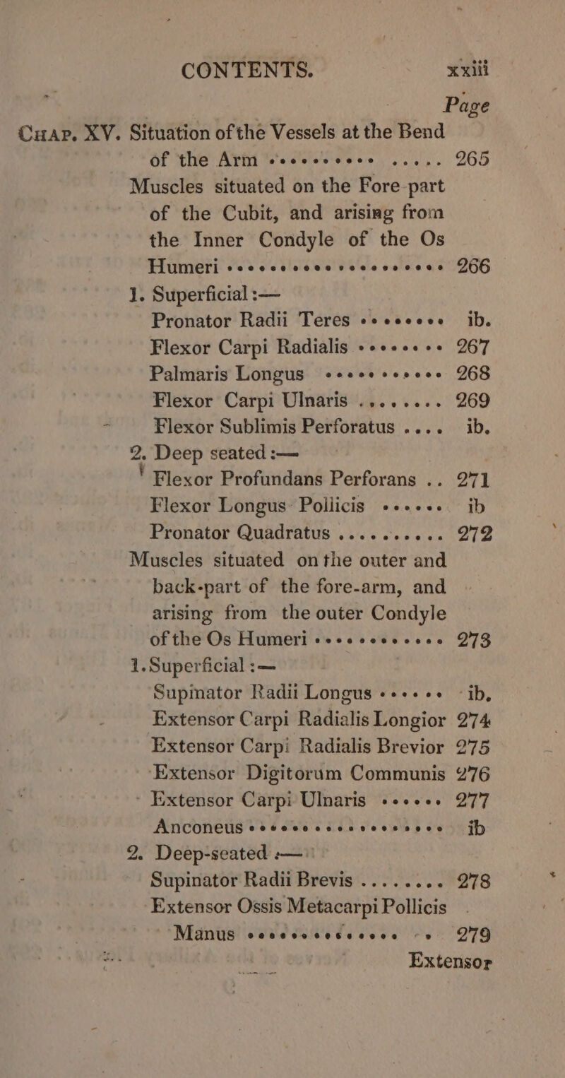 Page Cuap. XV. Situation of the Vessels at the Bend of the Arm scseesseess ...,. 265 Muscles situated on the Fore part of the Cubit, and arising from the Inner Condyle of the Os Humeri seccceccecsseesseees D266 J. Superficial :— Pronator Radii Teres «+eeeeee ib. Flexor Carpi Radialis ++++++++ 267 Palmaris Longus ++s+ee+ssse. 268 Flexor Carpi Ulnaris ........ 269 Flexor Sublimis Perforatus .... ib. < Deep seated :— ' Flexor Profundans Perforans .. 271 Flexor Longus Pollicis +--+... ib Pronator Quadratus ....... MG gh | Muscles situated onthe outer and back-part of the fore-arm, and arising from the outer Condyle of the Os Humeri «++sscesseee 273 1.Superficial :— Supmator Radii Longus «+++ ++ ib, Extensor Carpi Radialis Longior 274 Extensor Carpi Radialis Brevior 275 ‘Extensor Digitorum Communis 276 - Extensor Carpi Ulnaris ++++++ 277 ANCONEUS eeeeccecsecseeesere jh 2. Deep-seated :-—» Supinator Radii Brevis ...... oe BES Extensor Ossis Metacarpi Pollicis Manus eccesscessceee ~» 279 ae id Pe Extensor