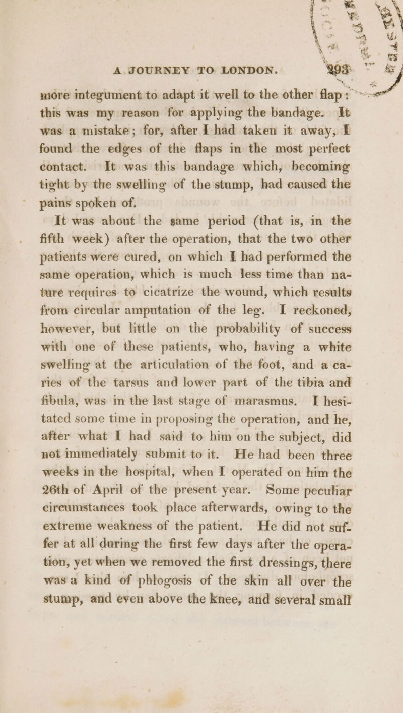 this was my reason for applying the bandage. It was a mistake; for, after IL had taken it away, I found the edges of the flaps in the most perfect contact. It was this bandage which, becoming tight by the swelling of the stamp, had caused the pains spoken of. It was about the same period (that is, in the fifth week) after the operation, that the two other patients were cured, on which I had performed the same operation, which is much less time than na- ture requires to cicatrize the wound, which results from circular amputation of the leg. I reckoned, however, but little on the probability of success with one of these patients, who, having a white swelling at the articulation of the foot, and a ca- ries of the tarsus and lower part of the tibia and fibula, was in the last stage of marasmus. I hesi- tated some time in proposing the operation, and he, after what I had said to him on the subject, did not immediately submit to it. He had been three weeks in the hospital, when I operated on him the circumstances took place afterwards, owing to the extreme weakness of the patient. He did not suf- fer at all during the first few days after the opera- tion, yet when we removed the first dressings, there was a kind of phlogosis of the skin all over the stump, and even above the knee, and several small mF st BAC a ta&amp; a 7.