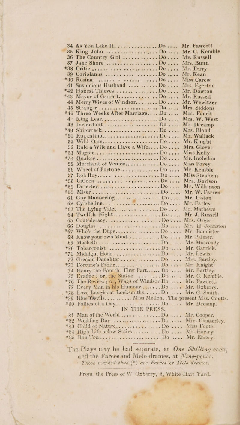 35 Bing JOD, «in o/c ds «sss Snes deOlonse Mr. ene 36 The Country Gir] ........20+.V0.... Mr. Russell 37 @ane Gore .. cace ow on 550008 ss deOipes, VITRO *30 MULIC ns ns sane te arse ames > AED wean, Wt. ARS OO CAAGIAMNG pos sc ese oseccies tt apap DMT eRe TAD TIGR ce ee + cesees -snce tO sass DUN Carew 41 Suspicious Husband . ooeceeD0.,,0¢ Mrs. Egerton *42 Honest Thieves ...... . we ae .... Mr. Dowton *43 Mayor A a ee .-Do.... Mr. Russell 44 Merry Wives of Windsor........Do.... Mr. Wewitzer 45 Stranger... ientereges- eet llO wes MAR dconS #46 Three Weeks After Marriage.. - Do... Mrs. Faiucit By Beige Went t.n + 0560 exialene aie i ~»+- Mrs. W. West 48 Inconstant . RR ae tye: 5 .»+. Mr. Decamp *49 Aa TOR ee 4 p00006 ARO we'ee MAG] Ria *50 Rugantino.. ecoeeeeece Fs aaa ROD eoeee Mr. Wallack 51 Wild COOES os esavainns »»eeDo.... Mr. Knight 52 Rule a Wife and Hare aie. .--Do.... Mrs. Glover *5 80 Maeinie. .. aais0-0dewi Sinem iow weiee« +000 6050 PAM ee *34 OWAKET oss + 0 ee, eer to ere. ee tS 55 Merchant of Venice...........-Do.... Miss Povey 56 Whee of Pormoanes ... si socensiae Do.... Mr. Kemble BW RODROY. 0G.» 205 ares ome «++eeDo.... Miss Stephens FEB eCIUIZEN 20 cee c's oe see ewes .»..Do.... Mrs. Davison *59 Deserter.. Sie ep aae's oe eee, MOO, me Bleed Wali, *60 , MMigee eS 20. «dia owted et Do .... Mr. W. Farren 61 Gay Manuering... ig Do.... Mr. Liston G2: Gymbewner Ns. . 0. 2.0e _ as oe” Farley *63 The Lying Valet. ....... -oe0eee DO .. «. .Mr> Mathews GAT WOE INGE 66 oc Gis oc ste ciereine 6 DIO. DAR Se Teesel 65. COMBEOIRCY osu dni. 28 weled Do.... Mrs. Orger CS Og Ts Vs ne i ae aa eee Do.... Mr. H. Johnston G7 Who's the Pape. ...a. ee inne ueus Do .... Mr. Bannister 68 Know your.own Mind............Do .... Mr. Palmer. 69 Macbeth....... o20Gs geiew ss wae WO ...... Mr. Meeready. *70 Tobacconist! ....s...0is00ce. dee DOM. +4 Mr. Garren, *7.1. Midoigttt BiOur . 5... 2 50g ooo ane DOR 54) Maeve 72 Grecian Daughter .. severee.»LD...++ Murs. Bartley. *73 Fortune’s Frolic. . ie wee ee Do «eee Mr. Knight. 74 Henry the Fourth, First Part.....Do.... Mr. Bartley. 75 Evadne; or, | ae Do .... Mr. C. Kemble. *76 The Review ; Wags of Windsor Do .... Mr. Fawcett. 77 Every Man in Humour........Do .... Mr. Oxberry. *728 Love Laughs at Locksmiths......Do .. »- Mr. G. Smith. “72 BlueTievils.......... Miss Mellon. . The present Mrs. Coutts. *80 [ollies of a Day.. -Do .... Mr. Decamp. IN THE “PRESS. = 6) Man ofthe World sions. nec cess Do .... Mr. Cooper. *82 Wedding Day............68...+Do ..+- Mrs. Chatterley. *93 Child of Natmre.. ....:.+,.#...... D0 cs. Mise Beste! *84 High Life below Stairs..........Do .... Mr. Harley. *BD Bona (Eon x Tors 2, eles We le 2 6 6 6 Sie sie Pe es eee Mr. Emery. The Plays may be had separate, at One Shilling each, and the Farcesand Melo-drames, at Nine-pence. ' Those marked thus. (*) are Furees ar Melo-drames. From the Press of W. Oxberry, 8, White-Hart Yard. ie -_ tt