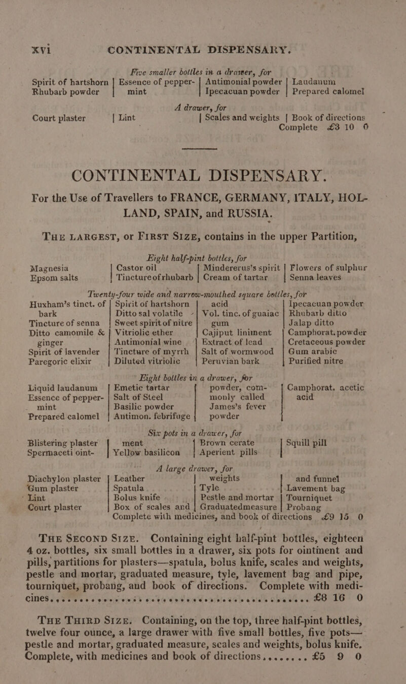 Five smaller bottles in a drawer, for Spirit of hartshorn ] Essence of pepper- | Antimonial powder | Laudanum Rhubarb powder mint Ipecacuan powder | Prepared calomel A drawer, for Court plaster | Lint | Scales and weights | Book of directions Complete £310 06 CONTINENTAL DISPENSARY. For the Use of Travellers to FRANCE, GERMANY, ITALY, HOL- LAND, SPAIN, and RUSSIA. THE LARGEST, or First S1ZE, contains in the upper Partition, Eight half-pint bottles, for Castor oil Mindererus’s spirit Tincture ofrhubarb | Cream of tartar Flowers of sulphur Magnesia Senna leaves Epsom salts Twenty-four wide and narrow-mouthed sguare bottles, for Huxham’s tinct. of | Spirit of hartshorn acid Ipecacuan powder bark Ditto sal volatile -| Vol. tinc. of guaiac | Rhubarb ditio Tincture of senna | Sweet spirit of nitre gum Jalap ditto Ditto camomile &amp; | Vitriolic ether Cajiput liniment | Camphorat. powder ginger Antimonial wine Extract of lead Cretaceous powder Spirit of lavender | Tincture of myrrh | Salt of wormwood | Gum arabic Paregoric elixir Diluted vitriolic Peruvian bark Purified nitre Fight bottles in a drawer, for Liquid laudanum_ | Emetic tartar powder, com- Camphorat. acetic Essence of pepper- | Salt of Steel monly called acid mint Basilic powder James’s fever Prepared calomel | Antimon. febrifuge powder Six pots in a drawer, for Blistering plaster ment. Brown cerate Squill pill Spermaceti oint- Yellow basilicon Aperient pills A large drawer, for Diachylon plaster | Leather | weights and funnel Gum plaster Spatula Tyle Lavement bag * Lint Bolus knife. . _ | Pestle and mortar | Tourniquet Court plaster Box of scales and | Graduatedmeasure | Probang Complete with medicines, and book of directions £9 15 0 THE SECOND S81zE. Containing eight half-pint bottles, eighteen 4 oz. bottles, six small bottles in a drawer, six pots for ointment and pills, partitions for plasters—spatula, bolus knife, scales and weights, pestle and mortar, graduated measure, tyle, lavement bag and pipe, tourniquet, probang, and book of directions. Complete with medi- CINES fj FESS &amp; i iphoto Sd He bts Cod aa Reale ale atith OARS &amp; £8 16 0 THE THIRD Size. Containing, on the top, three half-pint bottles, twelve four ounce, a large drawer with five small bottles, five pots— pestle and mortar, graduated measure, scales and weights, bolus knife. Complete, with medicines and book of directions,....... £5 9 0