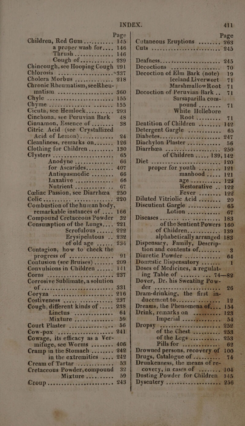 Thrush ..... yet «. 146 Cough of ......2..... 239 Chincough, see Hooping Cough 291 Ciildrons Raw e oOe .*337 Cholera Morbus ........... x) 298 Chronic Rheumatism, seeRhet- | BIS NE 255.05 eek ab eR ..- 360 Ce ok ands) « Bk didians PEGS Chymerssen 27t’..7005% ee Sb Cicuta, see Hemlock.......... 293 Cinchona, see Peruvian Bark 48 Cinnamon, Essence of ........ 38 Citric Acid (see Crystallized Acid of Lemon)............ 24 Cleanliness, remarks on,...... 126 Clothing for Children........ . 130 Clysters .. Seu Serres tee ayer g On Anodyne .. Sey STH deste OG for Ascarides...... eet. SOT Antispasmedic ........ 66 Lasabrye@* os oe... ec 2 66 Nautrient: /7 2. &lt;csas. +s, . 6% Coeliac Passion, see Diarrhoea 250 i Cli eh &amp; Sa IAPC RE iw 220 Combustion of the human body, remarkable instances of .... 166 Compound Cretaceous Powder 32 Consumption of the Lungs,... 221 Scrofulous .....; 222 Erysipelatous .. 232 of old age ...... 234 Contagion; how to check the progress OF Syste). SEMIN Or Contusion (see Bruises) Stet 209 Convulsions in Children ...... 141 CONNS oer crus th geet osu . 237 Corrosive Sublimate, a solution PEs foe c2 Ga ose ite dig e od Bare Fi COPVIA Ns Sans tieiessecassine 210 Costiveness . OREN Gwe eee gl 237 Cough, different kinds of ma eee BAMCEUS SE eee | OF Mixture .....-... Ui) Bihee Court Plaster ...........--.-- 56 BOW-NOwGN, SPI HEAP AY 0. VS 241 Cowage, its efficacy ‘as a Ver- mifuge, see Wormis ........ 406 Cramp in the Stomach ........ 242 in the extremities .... 242 Cream of Tartar »............. 53 Cretaceous Powder, compound 32 Mixtures... s... 59 ELOUp PRG ey cece BAS Page Cutaneous Eruptions ........ 263 Deafness, . sie eithahotys 245 Decoctions — ain OU BRGY IVR ii 70 Decoction of Elm Bark (note) 19 Iceland Liverwort 171 MarshmallowRoot 71 Decoction of Peruvian Bark .. 71 Sarsaparilla com- ound ........ 71 White Hellebore ¢ Rooete say dh oT Dentition of Children ........ 142 Detergent Gargle ......... sayy OB Diabetes....... Oe ISTIE RS 3 oe 247 Diachylon Plaster ............ 56 Diarrhoea. 2: broek lata Re: 250 of Children 139, 142 Di eb. he oncaeit stayin MEARE 120 proper for youth ........ 121 manhood ..... 12] ATO movie veeseee VBS Restorative .. 122 Fever ........ 122 Diluted Vitriolic Acid ........ 20 Discutient Gargle ............. 65 Lotions; 0068 62 se S6F Diseases . i 183 of the Sentient Powers 160 _ of Children. ........... 1395) alphabetically arranged 183 Dispensary, Family, ea rb Be tion and contents of........ 3 Diuretic Powder ...... 00a eae Domestic Dispensatory ....... ae Doses of Medicines, a regulat- ing Table of ....... ... ue ee Dover, Dr. his Bee: P en ee MIEL, 5 wsisitcscn'a acacia Mera Dram-drinking, the first ducement to...... dea Dreams, the Phenome Drink, remarks on , Imperial ..:...ieess Dropsyrewa. 4e.seeid . se of the Chest sgh a of the Pen ie stevens :  Pillsfor? s.¢i00 Cy aes | Drowned persons, recover, of Drugs, Catalogue of ....... t Drunkenness, ‘the means of ee aa covery, in cases of os. uty Dusting Powder for Children — M5 | Dysentery ... eid 1 bi A ae iW} ce