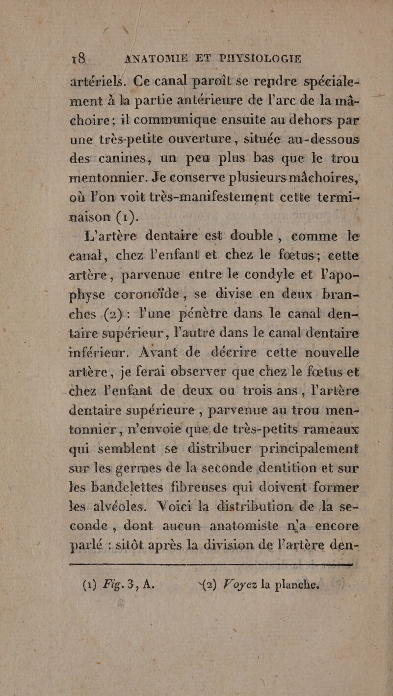 artériels. Ce canal paroît se rendre spéciale- ment à la partie antérieure de l'arc de la mâ- choire; il communique ensuite au dehors par une très-petite ouverture, située au-dessous des canines, un peu plus bas que le trou mentonnier. Je conserve plusieurs mâchoires, où l’on voit très-manifestement cette termi- maison (1). | L'artère dentaire est double , comme le canal, chez l'enfant et. chez le fœtus; cette artère, parvenue entre le condyle et Papo- physe coronoïde, se divise en deux bran- ches (2): lune pénètre dans le canal den- taire supérieur, l'autre dans le canal dentaire inférieur. Avant de décrire cette nouvelle artère, je ferai observer que chez le fœtus et chez l'enfant de deux ou trois ans, l'artère dentaire supérieure , parvenue au trou men- tonnier , n’envoiïe que: de très-petits rameaux qui semblent se distribuer principalement sur les germes de la seconde dentition et sur les bandelettes fibreuses qui doivent former les alvéoles. Voici la distribution. de Ja se- conde , dont aucun anatomiste n'a encore parlé :: sitôt après la division de l'artère den- (1) Fig. 3, A. (2) Foyez la planche.