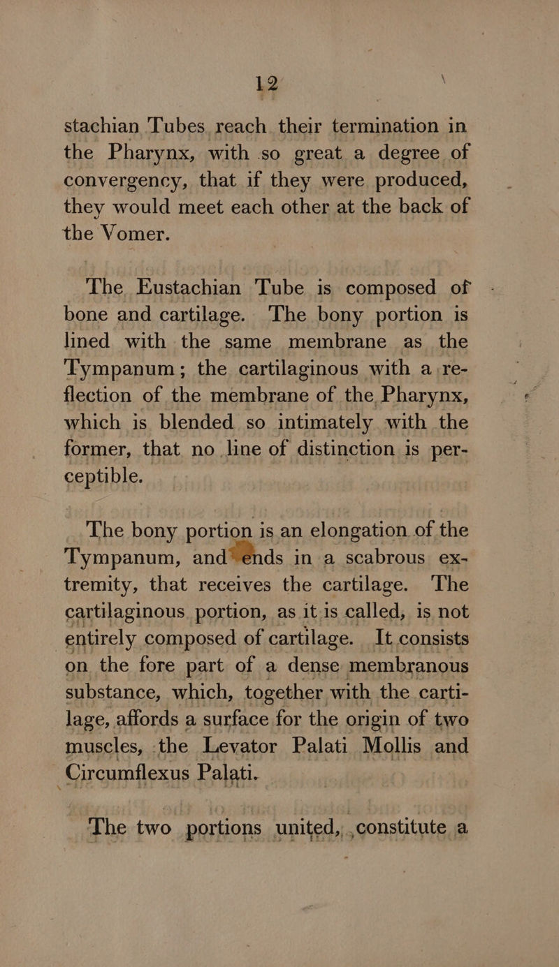 stachian ‘Tubes reach their termination in the Pharynx, with so great a degree of convergency, that if they were produced, they would meet each other at the back of the Vomer. The Eustachian Tube is composed of bone and cartilage. The bony portion is lined with the same membrane as_ the Tympanum; the cartilaginous with are- flection of the membrane of the Pharynx, which is blended so intimately with the former, that no line of distinction is per- ceptible. The bony portion is an elongation of the Tympanum, and*ends in a scabrous ex- tremity, that receives the cartilage. The cartilaginous portion, as it 1s called, is not entirely composed of cartilage. It consists on the fore part of a dense membranous substance, which, together, with the. carti- lage, affords a surface for the origin of two muscles, ‘the Levator Palati Mollis and Circumflexus Palati. The two portions united, constitute a