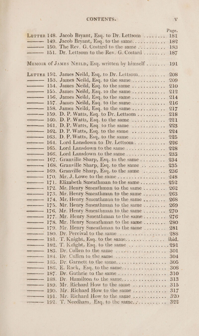 Page. Lerrer 148. Jacob Bryant, Esq. to Dr. Lettsom ........ 181 — 149. Jacob Bryant, Esq. to the same............ 182 ——— 150. The Rev. G. Costard to the same ........... 183 ——— 151. Dr, Lettsom to the Rev. G. Costard ........ 187 Memoir of James Nei_p, Esq. written by himself ....... 191 Letter 152. James Neild, Esq, to Dr. Lettsom.......... 208 — 153. James Neild, Esq. to the same ............ 209 154. James Neild, Esq. to the same ............ 210 —— 155. James Neild, Esq. to the same ............ 212 ——— 156, James Neild, Esq. to the same ............ 214 —— 157. James Neild, Esq. to the same ............ 216 ——— 158. James Neild, Esq. to the same............ 217 —— 159. D. P. Watts, Esq. to Dr. Lettsom .......... 218 ——— 160. D.P. Watts, Esq. to the same ............ 221 ——— 161. D.P. Watts, Esq. to the same ...... [i a 223 —— 162. D. P. Watts, Esq. to the same ............ 224 —— 163. D. P. Watts, Esq, to the same ............ 225 ——— 164. Lord Lansdown to Dr. Lettsom........... 226 ——— 165. Lord Lansdown to the same.............. 228 ——— 166. Lord Lansdown to the same.............. 233 ——— 167. Granville Sharp, Esq. to the same......... 234 ——— 168. Granville Sharp, Esq. to the same ........ 235 —-— 169. Granville Sharp, Esq. tothe same ........ 236 —— 170. Mr. J. Lowe to the same................. 248 —-— 171. Elizabeth Smeathman tothe same......... 252 ——— 172. Mr. Henry Smeathman to the same ........ 262 ——— 173. Mr. Henry Smeathman to the same ........ 263 ——— 174. Mr. Henry Smeathman to the same ........ 268 ——— 175. Mr. Henry Smeathman to the same........ 269 ——— 176. Mr. Henry Smeathman to the same ........ 270 ——— 177. Mr. Henry Smeathman tothe same........ 276 ——— 178. Mr. Henry Smeathman to the same ........ 280 ——— 179. Mr. Henry Smeathman to the same ........ 281 ——-— 180. Dr. Percival to the same .... ............ 288 ——— 181. T. Knight, Esq. to the sarae.......... 519 .ncpaalletel, ——— 182, T. Knight, Esq. to the same .. ........... 291 ——— 183. Dr. Cullen to the same ....4.............. 301 ——— 184. Dr. Cullen to the same .................. 304 —— 185. Dr. Garnett to the same............... ers 09) ——— 186. E. Rack, Esq. tothe same.......... eee 308 ——— 187. Dr. Guthrie to the same. ................ 310 —— 188. Dr. Hamilton to the same,......... tt ee ods —— 189. Mr. Richard How to the same ............ 315 ——— 190. Mr. Richard How to the same ............ 317 ——- 191. Mr. Richard How to the same ............ 320 ——--— 192. T. Needham, Esq. to the same..3....:.)..... 322