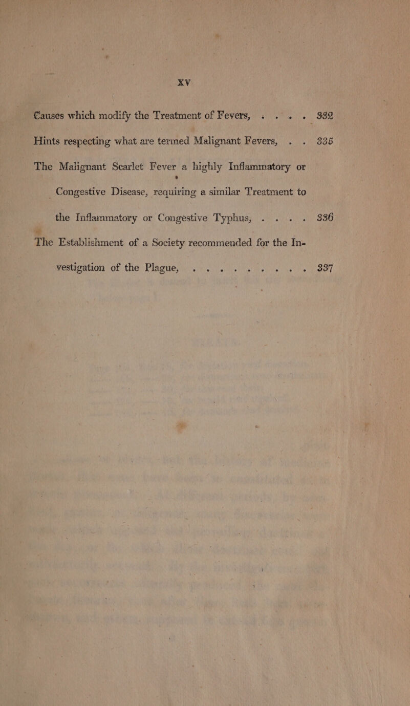 AV Causes which modify the Treatment of Fevers, . . . . $32 Hints respecting what are ised Malignant Fevers, . . 335 The Malignant Scarlet Fever a highly Inflammatory or Congestive Disease, requiring a similar Treatment to the Inflammatory or Congestive Typhus, . . . . 336 The Establishment of a Society recommended for the In- Weeneation of the Plagueis... he ie , | B87