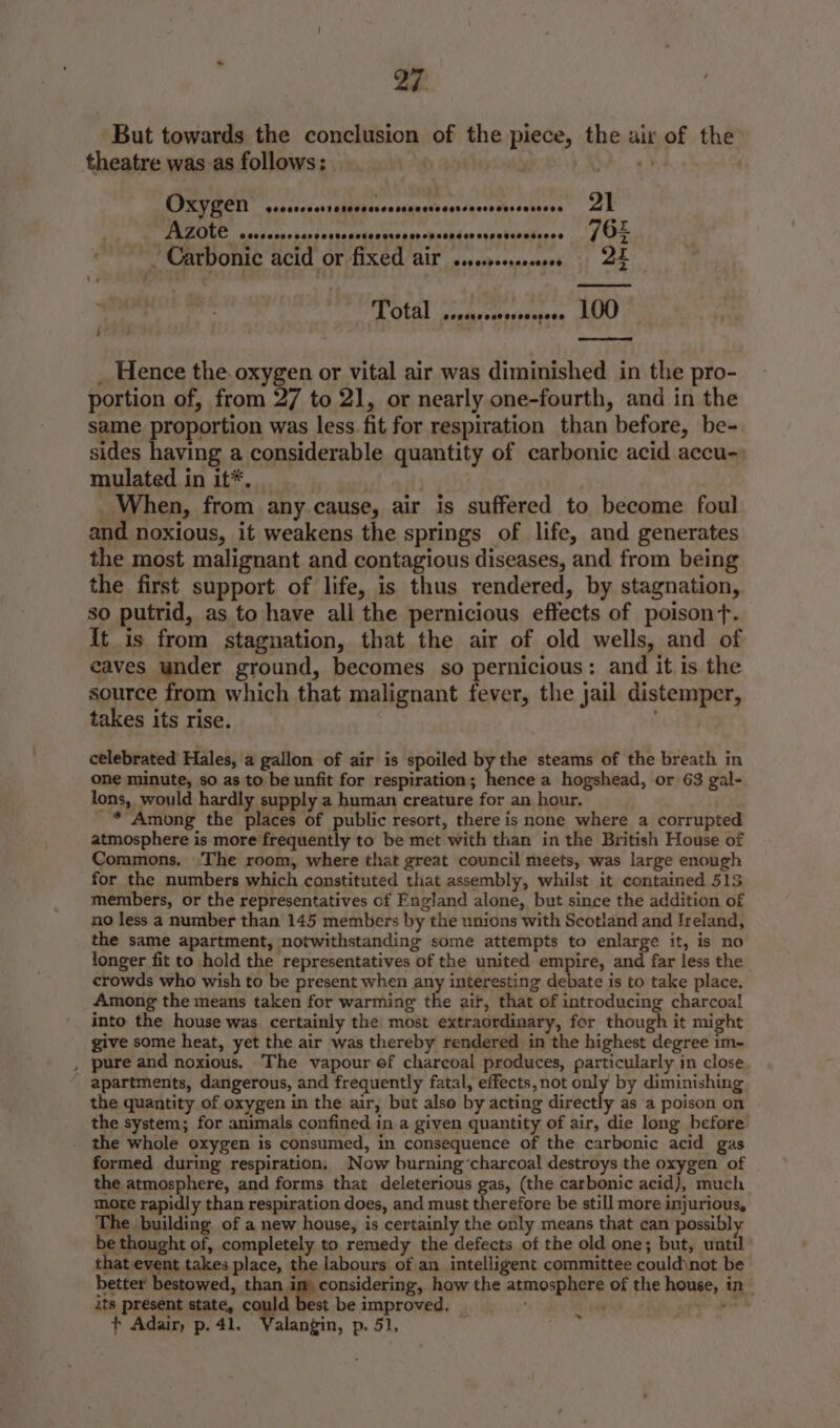 But towards the conclusion of the piece, the air of the theatre was as follows: Weg) Oxygen Pei Mel os cain trarthtre Meio 21 DRINILC 5 sntere hart visanitacisnmetesntwsicevetares ..d Oth Carbonic acid or fixed air sieves 25 Total 1 He 100 - _ Hence the oxygen or vital air was diminished in the pro- portion of, from 27 to 21, or nearly one-fourth, and in the same proportion was less fit for respiration than before, be- sides having a considerable quantity of carbonic acid accu-) mulated in it*. . _ When, from any cause, air is suffered to become foul and noxious, it weakens the springs of life, and generates the most malignant and contagious diseases, and from being the first support of life, is thus rendered, by stagnation, so putrid, as to have all the pernicious effects of poisont. {t is from stagnation, that the air of old wells, and of eaves under ground, becomes so pernicious: and it is the source from which that malignant fever, the jail distemper, takes its rise. celebrated Hales, a gallon of air is spoiled by the steams of the breath in one minute, so as to be unfit for respiration; hence a hogshead, or 63 gal- lons, would hardly supply a human creature for an hour. * Among the places of public resort, there is none where a corrupted atmosphere is more frequently to be met with than in the British House of Commons. ‘The room, where that great council meets, was large enough for the numbers which constituted that assembly, whilst it contained 513 members, or the representatives of England alone, but since the addition of no less a number than 145 members by the unions with Scotland and Ireland, the same apartment, notwithstanding some attempts to enlarge it, is no longer fit to hold the representatives of the united empire, and far less the crowds who wish to be present when any interesting debate is to take place. Among the means taken for warming the ait, that of introducing charcoal! into the house was certainly the most extraordinary, for though it might give some heat, yet the air was thereby rendered in the highest degree im- pure and noxious. The vapour of charcoal produces, particularly in close apartments, dangerous, and frequently fatal, effects, not only by diminishing the quantity of oxygen in the air, but also by acting directly as a poison on the system; for animals confined in a given quantity of air, die long before formed during respiration, Now burning’charcoal destroys the oxygen of the atmosphere, and forms that deleterious gas, (the carbonic acid), much more rapidly than respiration does, and must therefore be still more injurious, The building of a new house, is certainly the only means that can possibly be thought of, completely to remedy the defects of the old one; but, until that event takes place, the labours of an intelligent committee could\not be better bestowed, tha: ~ considering, how the atmosphere of the house, in ~ its present state, could best be improved. © ‘ ' pind t Adair, p.41. Valangin, p. 51, ~*~