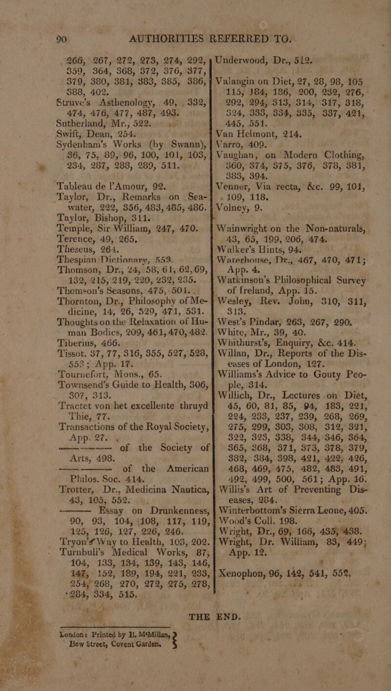 90 266, 359, 267, 272,273, 274, 292, 364, 368, 372, 376, 377, 379, 380, 381, 383, 385, 386, 388, 402. Struve’s Asthenology, 49, 332, 474, 476, 477, 487, 493. Sutherland, Mr.; S220cieu! Swift, Dean, 254, Sydenham’s Works (by Swann), 36, 75, 89, 96, 100, 101, 103, 234, 287, 288, 289, 511. Tableau de Amour, 92. Taylor, Dr., Remarks on Sea- water, 222, 356, 483, 485, 486. Taylor, Bishop, S11; Temple, Sir William, 247, 470. Terence, 49, 265, Theseus, 26-4. Thespian: Dictionary, 553. Thomson, Dr., 24, 58, 61, 62,69, 132, 215, 219, 220, 232, 935. Thomson’s Seasons, 475, 501, é Thornton, Dr., Philosophy of Me- dicine, 14, 26, 329, 471, 551. Thoughts on the Relaxation of Hu- man Bodies, 209, 461, 470, 482. Tiberius, 466. Tissot, 37, 77, 316, 355, 527, 523, 5538 s:Apfis 1s: Tournefort, Mons., 65. Townsend’s Guide to Health, 306, 307, 313. Tractet von het excellente thruyd Thie, 77. Transactions of the Royal Society, App. 27. , Arts, 498. rea eee, of the Society of of the American Philos. Soc. 414. Trotter, Dr., Medicina Nautica, 43, 105, 552. >, Essay on Drunkenness, 90, 93, 104, '108, 117, 119, 125, 126, 127, 226, 246. Tryon’¢ Way to Health, 103, 202. Turnbull’s Medical Works, 87, 104, 133, 134, 139, 143, 146, 14%, 152, 189, 194, 221, 233, 254, 268, 270, 272, 275, 278, 284, 334, 515. London: Printed by 13. M‘Millan, Bew Street, Covent Garden. . wv 115, 184, 186, 200, 232, 276, 292, 294, 313, 314, 317, 318, $24, 338, 334, 535, 387, 421, 445, 551. Varro, 409. Vaughan, on Modern Clothing, 360, 374, 375, 376, 378, 381, 383, 394. . 109, 118. Wainwright on the Non-naturals, 43, 65, 199, 206, 474. Walker’ s Hints, 94. Waterhonse, Dr., 467, 470, 471; App. 4. Watkinson’s Philosophical Survey of [reland, App. 15. West's Pindar, 263, 267, 290. ‘White, Mr., 39, 40. Whithurst’s, Enquiry, &amp;c. 414. Willan, Dr., Reports of the Dis- eases of London, 127. Williams’s Advice to Gouty Peo- ple, 314. Willich, Dr., Lectures on Diet, 45, 60, 81, 85, 94, 183, 221, 224, 238, 237, 239, 268, 269, 275, 299, 308, 308, 312, 321, 322, 323, 338, 344, $46, 364, 365, 368, 371, 373, 378, 379, 382, 384, 398, 421, 422, 426, 468, 469, 475, 482, 483, 491, 492, 499, 500, 561; App. 16. Willis’s Art of ‘Preventing Dis- eases, 284. ; Winterbottom’s Sierra Leone, 405. Wood’s Coll, 198. . Wright, Dr., 69, 166, 4355488. Wright, Dr. William, 83, ne App. 12. t Xenophon, 96, 142, 541, 552. ‘ sa. :-