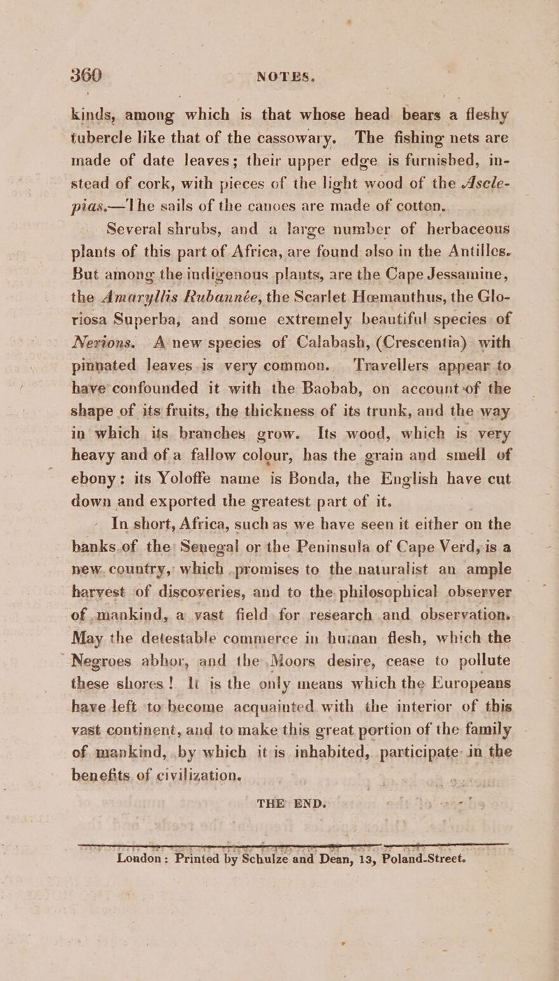 kinds, among which is that whose head bears a fleshy tubercle like that of the cassowary. The fishing nets are made of date leaves; their upper edge is furnished, in- stead of cork, with pieces of the light wood of the Asele- pias.—The sails of the canoes are made of cotton. Several shrubs, and a large number of herbaceous plants of this part of Africa, are found also in the Antilles. But among the indigenous plants, are the Cape Jessamine, the Amaryllis Rubannée, the Scarlet Hoemanthus, the Glo- riosa Superba, and some extremely beautiful species of Nevions. Anew species of Calabash, (Crescentia) with pinnated leaves.is very common. ‘Travellers appear to have confounded it with the Baobab, on account of the shape of its fruits, the thickness of its trunk, and the way in which its branches grow. Its wood, which is very heavy and of a fallow colour, has the grain and smeil of ebony: its Yoloffe name is Bonda, the English have cut down and exported the greatest part of it. In short, Africa, such as we have seen it either on the banks.of the: Senegal or the Peninsula of Cape Verd,is a new. country, which .promises to the naturalist an ample harvest of discoveries, and to the philosophical observer of mankind, a vast field for research and observations. May the detestable commerce in huinan flesh, which the | Negroes abhor, and the Moors desire, cease to pollute these shores! li is the only means which the Europeans have left to become acquainted with the interior of this vast continent, and to make this great portion of the family of mankind, .by which it is inhabited, participate in the benefits. of civilization. THE END. it La aged