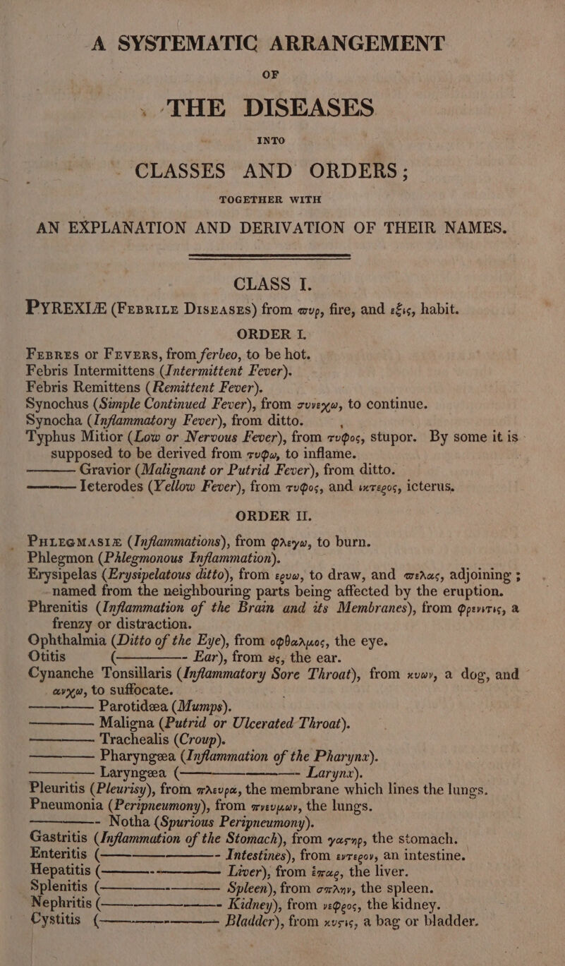 A SYSTEMATIC ARRANGEMENT OF . THE DISEASES INTO - CLASSES AND ORDERS: TOGETHER WITH AN EXPLANATION AND DERIVATION OF THEIR NAMES. CLASS I. PYREXLE (Fesrirz Diseaszs) from ap, fire, and e£15, habit. ORDER I. Fezsres or Fevers, from ferleo, to be hot. Febris Intermittens (Intermittent Fever). Febris Remittens (Remzttent Fever). Synochus (Simple Continued Fever), from zuvexw, to continue. Synocha (Inflammatory Fever), from ditto. : Typhus Mitior (Low or Nervous Fever), from rugos, stupor. By some it is» supposed to be derived from rvgw, to inflame. | Gravior (Malignant or Putrid Fever), from ditto. — Jeterodes (Yellow Fever), from rugos, and sxregos, icterus, ORDER II. _ Puiremasie (Inflammations), from asyw, to burn. Phlegmon (PAlegmonous Inflammation). Erysipelas (Erysipelatous ditto), from eguw, to draw, and weAas, adjoining ; named from the neighbouring parts being affected by the eruption. Phrenitis (Inflammation of the Brain and its Membranes), from Qpevstic, &amp; frenzy or distraction. Ophthalmia (Ditto of the Eye), from opbaruos, the eye. Otitis - Ear), from as, the ear. Cynanche Tonsillaris (Inflammatory Sore Throat), from xvwy, a dog, and — avxw, to suffocate. Parotideea (Mumps). Maligna (Putrid or Ulcerated Throat). Trachealis (Croup). | ———— Pharyngeea (Inflammation of the Pharynz). Laryngeea ( —- Larynx). Pleuritis (Pleurisy), from wacvpa, the membrane which lines the lungs. Pneumonia (Peripneumony), from ayevywy, the lungs. - Notha (Spurious Peripneumony). Gastritis (Inflammation of the Stomach), from yasnp, the stomach. Enteritis ( - Intestines), from evregov, an intestine. Hepatitis ( --—_—_—- Luver), from ivae, the liver. _ Splenitis (tt —_- -— Spleen), from osaAnv, the spleen. Nephritis ( ——_—--——-- Kidney), from v:g05, the kidney. Cystitis (——-—_—-—_——- Bladder), from xvsis, a bag or bladder. See See! — =