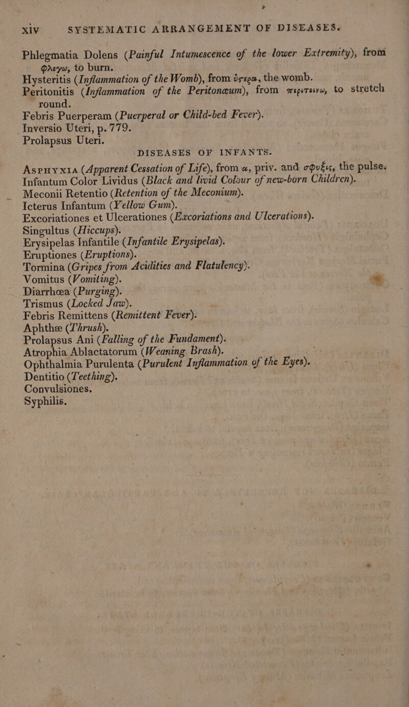 Phlegmatia Dolens (Painful Intumescence of the lower Extremity), from Pasyw, to burn. Hysteritis (Inflammation of the Womb), from isega, the womb. Peritonitis (Inflammation of the Perttoneum), from septs, to stretch round. Febris Puerperam (Puerperal or Child-bed Fever). Inversio Uteri, p. 779. Prolapsus Uteri. DISEASES OF INFANTS. Aspuyxta (Apparent Cessation of Life), from «, priv. and ovis, the pulse. Infantum Color Lividus (Black and livid Colour of new-born Children). Meconii Retentio (Retention of the Meconium). Icterus Infantum (Yellow Gum). Excoriationes et Ulcerationes (Excoriations and Ulcerations). Singultus (Hzccups). Erysipelas Infantile (Infantile Erysipelas). Eruptiones (Eruptions). Tormina (Gripes from Acidities and Flatulency). Vomitus (Vomiting). | * Diarrhoea (Purging). Trismus (Locked Jaw). Febris Remittens (Remittent Fever). Aphthee (Thrush). Prolapsus Ani (Falling of the Fundament). Atrophia Ablactatorum (Weaning Brash). ss Ophthalmia Purulenta (Purulent Inflammation of the Eyes). Dentitio (Teething). | Convulsiones. Syphilis.