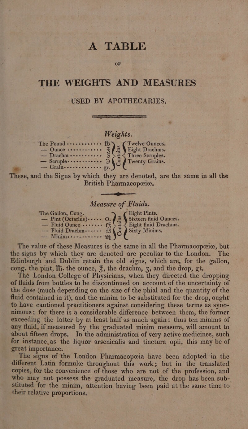 A TABLE OF THE WEIGHTS AND MEASURES ‘USED BY APOTHECARIES. Weights. The Pound see eeeseneree tb ¥ Twelve Ounces. — Ounce -eeseseseeee ZH &amp; ¥ Eight Drachms. if — Drachm oees-ssseee » 3 2 Three Scruples. — Scruple++++++++e++* DRS # Twenty Grains. — Graimeeccreccesscre gr. * These, and the Signs by which they are denoted, are the same in all the British Pharmacopeeie. eeeneeitnn.” caaieaiaeaanel Measure of Fluids. The Gallon, Cong. , ( Hight Pints. — Pint (Octarius)-++-- 0.) z Sixteen fluid Ounces. —- Fluid Ounce .--+-.. fZ = 4 Eight fluid Drachms. — Fluid Drachm------ £3 3 Sixty Minims. Minime+.+.-- ee | The value of these Measures is the same in all the Pharmacopeie, but the signs by which they are denoted are peculiar to the London. The Edinburgh and Dublin retain the old signs, which are, for the gallon, cong. the pint, Ib. the ounce, %, the drachm, 3, and the drop, gt. Thé London College of Physicians, when they directed the dropping of fluids from bottles to be discontinued on account of the uncertainty of the dose (much depending on the size of the phial and the quantity of the fluid contained in it), and the minim to be substituted for the drop, ought to have cautioned practitioners against considering these terms as syno- nimous; for there is a considerable difference between them, the former exceeding the latter by at least half as much again: thus ten minims of any fluid, if measured by the graduated minim measure, will amount to about fifteen drops. In the administration of very active medicines, such for instance,as the liquor arsenicalis and tinctura opii, this may be of great importance. The signs of the London Pharmacopeia have been adopted in the different Latin formule throughout this work; but in the translated copies, for the convenience of those who are not of the profession, and — who may not: possess the graduated measure, the drop has been sub- stituted for the minim, attention having been paid at the same time to their relative proportions.