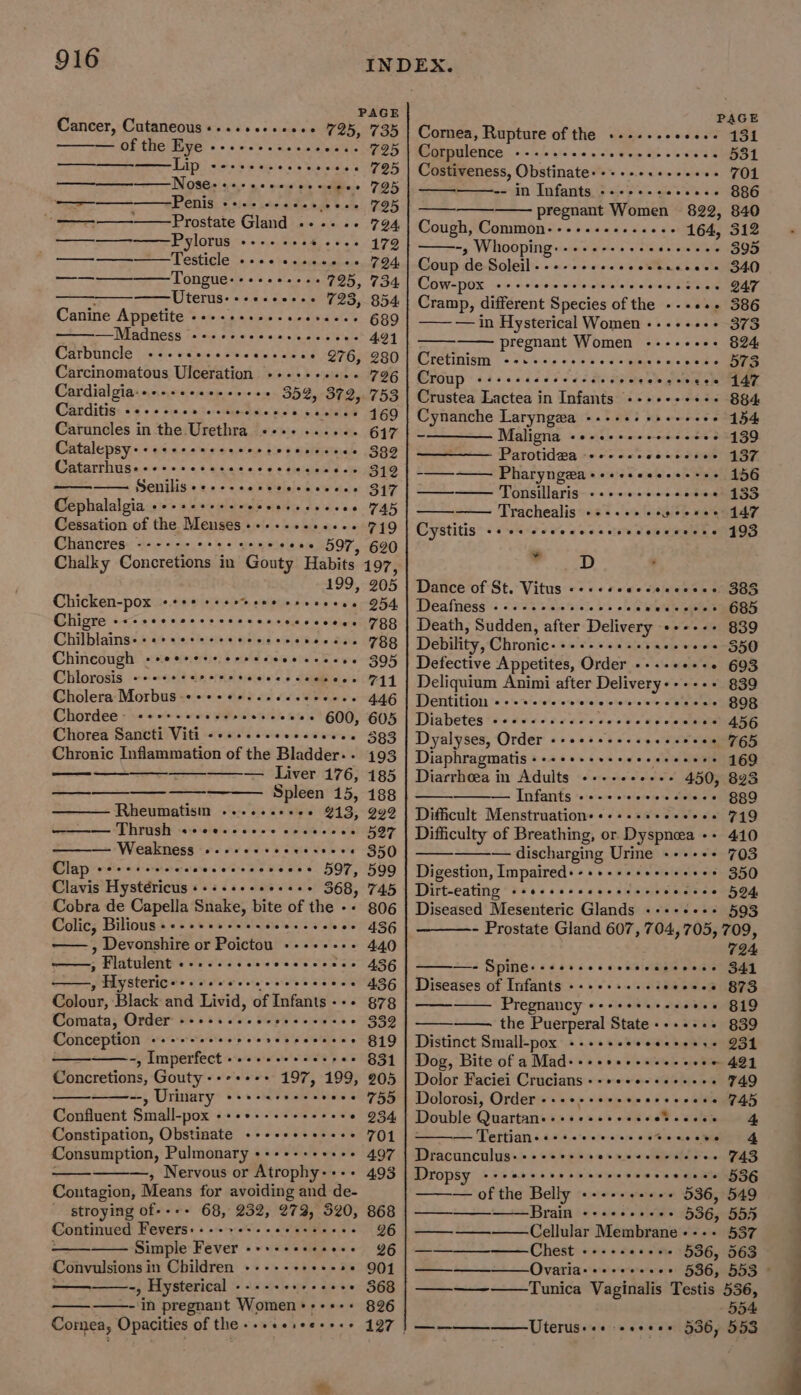 PAGE PAGE Cancer, Cutaneous+...+.++2+++ 725, 735 Cornea, Rupture of the ---.-- coeees 131 of the Eye eceeeeee seccecss FDA Corpulence one hagn he ercccerceccscee ASL —. Lip serseeseseceeeee 7O5 Costiveness, Obstinate-+++-+.+++e++- 701 —— NOS€+ ++ eceseeseenes 795 oat bn fants: levsses erm aleve k's eis 886 Penis ++++e+eees sees 795 pregnant Women 822, 840 ———— Prostate Gland «--..- 794 Cough, Common-.-+-+-+s..0.- 164, 312 ae Pylon. + +0. e eeeee 179 -, Whooping. ....-.+++- eines 395 —_ ——. Testicle +++ vseee ss 724, Coup de Soleil Scabies veseeeewbecsene 340 es Tongue- sececress 795, 734 Cow-pox we\ er eralele-w\ otere¥etelelole eieilea ot etate IAT io stat srecceees 723, 854 Cramp, different Species of the ---+++ 386 Canine Appetite +---+2....seeseeee 689 | ——— in Hysterical Women -..--+++ 373 mS IMERCHIGGS Kel ake aise ste euae eustnieieich: 491 eee pregnant WY Oinen sic = = oe oa: CUT DUNCIC lceiaie Bicceds are cates he e 276, 280 Cretinism =o visielal si eieievsrctere eis © as 0 ele-6 573 Carcinomatous Ulceration -+-.+..+.. 726 | Croup «+seeseeseeces siesta hog ore che ete Cardialgia-++.-+++++-+++++ 35%, 372,.753 | Crustea Lactea in Infants s.+++++ss&lt; 884 Carditis ++++++e+ eeeeeeeeee cece 169 Cynanche Laryngewa ---+.+ ++ PSS 2 ° 154 Caruncles in the Urethra «+--+ ....-. 617 | -——_——. Maligna «+-..+--+e+s+00+ 139 Catalepsy- Cece ee eerccereesesscces 399 ‘Parotidea so o&gt; 6 o owe tase AST. Catarrhus- eoeee &lt;6 Ss 02 6 teceeeeseee 349 -——~—— Pharyngea+esseeeseeeeee 156 Senilis++++-ceeeeesseeeee 347} — Torsillaris-+« +«-00s-02 04a es Cephalalgia ++-+++++ercesesecceees FAS —— Trachealis ++-.++ seseeeee 147 Cessation of the Menses++++++++++++ 719 | Cystitis .. 0. seceeccseeveeseeeers 193 Chancres ae Cake 6 &amp; s te eece 597, 620 » Chalky Concretions in Gouty Habits 197, D 99. 205 Dance‘of St. Vitus: +: «+ reas vsievees 1505 Chicken-pox eee cece cee seesesee DFA ‘Pealness seers webs Sisto. b &gt; ole erececcoee 685 Chigre +++seeceeereescesseccccene 788 Death, Sudden, after Doe eeeeee 839 Chilblainse «+ 222erececee cece eeecces 788 Debility, Chronic olelele » «w/e lane eacseceee 550 Chincough -see+s++ereeeeeesseess 395 | Defective Appetites, i se sleveeee 693 Chlorosis «+++++sereescee *seceeeees 711 | Deliquium Animi after Delivery------ 839 Gholera Morbus-«++cesss.cccceccces 446 Dentition ++-+.+++seeee oowws erces 8908 Chordee: «++:-. aa Sista aes fale felts te sie GOS Diabetes *e-0 do vo nuere voce eeoccccsee 456 Chorea Sancti Viti -++-++.seeeseeees 393 Dyalyses, Order «+ee+seeeseeeerees 765 Chronic Inflammation of the Bladder-- 493 Diaphragmatis +++ ++++++seeeeseeeee 169 ——— — Liver 176, 185 | Diarrhoea in Adults --......-- 450, 823 ———__—_ ——. Spleen 15, 188 Tnnfaniis *s+s:0n erste retete Aahene » 8389 Rheumatisin --+-+++++++ %13, 292 | Difficult Menstruation: ++ ++-+++++++8+ 749 Thrush «+¢e+-+ee+s eeeeeees 527 Difficulty of Breathing, or Dyspnea -- 440 Weakness +-+++++eeeeseeee 350 — discharging Urine ---+-++ 703 Clap sorts eeeeseeceseseseess 597, 599 | Digestion, Impaired+-++-+++++++++++ 350 Clavis Hystéricus +++++++++++++ 368, 745 Dirt-eating «+essssesseeseee ines eth On Cobra de Capella Snake, bite of the -- 806 | Diseased Mesenteric Glands «-+++e-. 593 Colic, Bilious ----+++--++. teeccccecs 436 - Prostate Gland 607, 704,705, 709, , Devonshire or Poictou +--++-++- 440 724 —, Matulent€ @ se o's'6\c cles 00 we coe se 436 as Spine+-+eseeeeceeccccoeee 341 » Hysterice++++- te eee eesceees pa Diseases of Infants -+-+-+-..--- coerce 873 Golour, Black and Livia; of Infants --- 878 Pregnancy ++++++++eeeee+ 819 Comata, Order ++ +++ s+ e+ree-+0005 352 the Puerperal State--++++- 839 Conception o*e%e' oe a eto ele'p ole &gt;peevsesesee 8419] Distinct Small-pox peceecsececcseers JS -, Imperfect +--+ ++s+seeree 831 Dog, Bite of a Mad-++++-- escee eccee 49T Concretions, Gouty-++++++ 197, 199, 205 | Dolor Faciei Crucians ++ ++-eesseerees 749 --, Urinary +++-&lt;- veceeeee 755 | Dolorosi, Order -+++e+eeeeeeesecess 45 Confluent Small-pox -+++-+-++-++-- ss0 954 Double Quartans+seesesecssetences 4 Constipation, Obstinate ++++++++++++ 704 ~~ Tertian &lt;.6.066 o'e0'0-0%n 346 cs Consumption, Pulmonary ++++-+++++++ 497 | Dracunculus.+--eeeeverseceesssees F43 —, Nervous or Atrophy-+++ 493 | Dropsy --++es+sssseeeeeceeeeeeees 536 Contagion, Means for avoiding and de- — of the Belly «---+.++++ 536, 549 stroying of--++ 68, 232, 272, 320, 868 | —— Brain ++++++++++ 536, 555 Continued Fevers: +-++&gt;++-- sees eee 26 | ———— Cellular Membrane ---- 537 Simple Fever -++-++++++++ 26 | ————-——Chest - ---- ereee 536, 563 Convulsions i in Children ----- seeeeee O01 | ——— — Ovaria+++++ees6+ 536, 553 © -, Hysterical ----++++-- -++ 368 | ——_—— Tunica Vaginalis Testis 536, in pregnant Women+--+-+ 8296 554 Comea, Opacities of the -+++esee+e+* 127 | ————-——_Utterus+ ++ -esee++ 536, 553 ae —