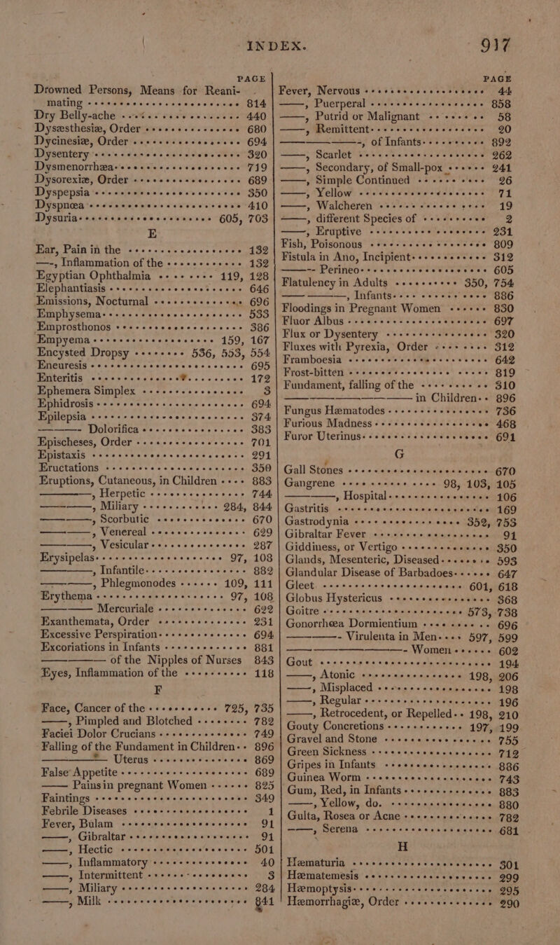 Drowned Persons, Means for Reani- mating ee eee eeteeeees Dry Belly-ache + .% +. sees ceweeeee Dyszsthesiea, Order -++++-.+.- Dycinesiz, Order ..--- Dysentery st eeceeres Dysmenorrhza- «+ Dysorexiz, Order -- Dyspepsia Dyspncea ‘++ s+eseceeesesecene Dysuriass++esscsseecceseceee 605 E Ear, Pain in the @ereseeceeesaneeoeeson —-, Inflammation of the ------.- oo Egyptian Ophthalmia ------++- 119, Elephantiasis «-+--+...-- Emissions, Nocturnal ------ “s Emphysemas:+-+-++eeeccsseeserees Emprosthonos ++++++seeseseoseseee Empyema - woelela aaah 159, 1 Encysted Dropsy --+++++- 536, 553, Eneuresis «+ - Dae aie UMILCHITIS . « eye's weit ot ope OW oo cea ° Ephemera Simplex ---+++-+++seeee- Ephidrosis -+-++++- ea the wateuaia sie alee Epilepsia - ee wa ai ejeta-e eae ta TeED ce ecwite otal al -———- hg ol eee Epischeses, Order - Epistaxis Eructations - Eruptions, Cutaneous, in Children ---- , Herpetic -++e++eseeeeeee e@eoeoee e@eecre eeeereereteeeece eee eeteeteeeenese e@eene e@eeesteaeneeee eoeeee8 e@esvee eeeseene eeeoec e@oeveeeeereeseeegeoasees —_—-, Miliary aa ahaha s ce” ore + 284, — y Scorbutic «eeessscsevess —_——— » Venereal - atetatetess oe Wat “pei ty * Vesicular - Rise Slgcé of oe. ecale rere Erysipelas- Wrehatye S.0ie 1s ial 9 Rhetele.e sce - 97, , Infantile. -.-- 8 PAs — , Phlegmonodes - - - 109, Erythema ++. ARG: soot aaa 97, Mercuriale ----- BA Si sie. Ste lone Exanthemata, Order +++++++++see+. Excessive Perspiration- +--+ - Seen Excoriations in Infants -++-++++-s..6 — of the Nipples of Nurses Eyes, Inflammation of the ---+--- F Face, Cancer of the -++e+s+e+++ 725, , Pimpled and = ane see eeeee Faciei Dolor Crucians --++----+- - Falling of the Findlaiehit 3 in Children. - — Uterus -- False Appetite - Painsin pregnant Women ---- Faintings -+++++++- cocceee ecevncee Febrile Diseases ++++--- Fever, Bulam -+++++++ She, Wanner als , Gibraltar --- ——., Hectic ——, Inflammatory , Intermittent -+--+- ——, Miliary - + cesses eos ser eene —, Milk eooerereeoeeeeveeeen eoeveeeeeeeeeeoeee cee eee eree sveeerererverveoeve ees eveeveeo8 814 440 680 694 719 350 703 132 132 128 41 917 PAGE Fever, Nervous +++eresessceeseeess 4d ‘ Puerperal Wateteren e dss seecsceee BOS ——., Putrid or Malignant ----- see 58 —., Remittent elow elees eeoeecesees PO = -, of Infants»---++.-+++ 899 —, SGarlet? 20's o'ese eare ee eoreee 962 ——., Secondary, of Small-pox +-+++++ 944 ——, Simple Continued -+++-+++++- 96 —, Yellow eeeeoeae eve rdeooecvee 71 —, Walcheren -+--+++-seeee sees 49 ——., different Species of +-++++++e-+ 2 ——, Eruptive pee oe ev ese ereeeeee POF Fish, Péivonbus covers ssc cesesese G9 Fistula in Ano, Incipient-+++++-+++++ 312 -- Perineos+-«e-. eeseccevcevesee GOOF Flatulency in Adults «+++++++++ 350, 754 Lia —, Infants---- os-+-.- ees 886 Floodings in Pregnant Women -+++++ 830 ‘Blaor Albus tie teee oe eee eee seveccee 697 Flux or Dysentery ale) didlo Sela latere te eees 320 Fluxes with Pyrexia, Order «+--+ «+ ~+ 312 Framboesia «-ceecercs Si eee eek ae » 642 Frost-bitten »+sccceescrcescce coven 819 Fundament, falling of the -------- - 310 in Children. - 896 Fungus Hematodes-+-+---+- creeses 736 Furious Madness-+-+csssccssee soee 468 Furor Uterinus- +++... cecccvecces 691 G Gall Sitiren -« &gt; &lt;tghois ee eoecncene 670 Gangrene «+++ +++. : 98, 103, 105 Hospital o.6, @ Bw ele orers eeseee 106 Gastritis -++-.. Cee eeerereseveeses 169 Gastrodynia &lt;i © 50:8 eo# eke Re neate 352, 753 Gibraltar Fever -----. 00 © eae e rs eo » Of Giddiness, or Vertigo -+++++++esee++ 350 Glands, Mesenteric, Diseased--.+++++ 593 Glandular Disease of Barbadoes---+++ 647 (GE Oty icone 5) a e205 eke Coe reseccvee 601, 618 Globus Hystericus -+++++eeesseeess 368 (Chirico OLR Oe ee oe let 738 Gonorrheea Dormientium «+++ -++-.- 696 - Virulenta in Men...&gt; 597, 599 aad —- Women -+.... 602 Gout « ee eee eeeeeseesesesssvace e 194 , Atonic ++++-- eneee erece 198, 206 a Se, » Misplagan sn Pag amar ii 198 iS » Regular eeecwerees 9: 1 Sei a 6 a tete 196 , Retrocedent, or Rapeiieds - 198, 210 Gouty Coneretions - Hanlin o shvi 197, 199 PEAY RA Rese skeet 755 Green SICKNESS. « 0's: 0, ¢, #ye6:0.01m waieie le elene 712 Gripes in Infants tee erasererscress BBG Guineas Worth. « &lt; «6, 0's 460 v.04 aj 6,0 cise VAS Gum, Red, in Infants -+++++.+.+e++s 883 » Yellow, do. -+++eee. coseseee 880 Gulta, Rosea or Acne ++++-+++essseee 789 -—, Serena + s--scscs ereererceree G84 H FPS MAturii. « bvce ayorea ets. gint&lt; clatetettey note 301 Hicematemesigh «'a sie inches cle cater e cate 299 Hemoptysis- +++ Jue eer e ee Pre vecceeses JOR Heemorrhagie, Order «++++++++++225 990