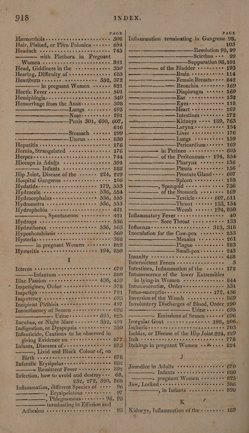 PAGE ’ PAGE Heemorrhois-+++++eseeeeeeseeseeee 308 | Inflammation terminating in Gangrene 98, Hair, Plaited, or Plica Polonica ++++++ 654 103 Pi Saclach segsue sae sien: e.cieielaloieje bieinis iere T45 ph dy NR IN alll OR Dig IE «4 98, 99 -- with Plethora in Pregnant ——_—_—_—__—_—__—___———Scirrhus +++ 99 Women «--cecsesnee wecccccoses OFF —_——__—___——__——Suppuration 98,101 Head, Giddiness in the -+&gt;+++++++++ 350 | —_-———-— of the Bladder -+++-++++ 193 Hearing, Difficulty of ++++++++se++++ 685 | ———— Brain s++erseers* 114 Heartburn ----+-++ eosscessess 352, 572 | ————-——_ Female Breasts++++ 842 in pregnant Women -+++-+ 824 | —_-—_-——-—— Bronchia ++++++++ 169 Hectic Fever «ce sccscserccccresces 501 ee Diaphragm eecneoe 169 Hemiphlegia-+--+++++-- TP RC a hak: 2 pean. a Bar. «sass sccnereane Hemorrhage from the Anus-+++++++++ 508 | ——-——~——-——Lyes-++++e+seees 118 ————. ——— Lungs eeoescsee BOS | ——-—— —Heart seesseeceees 469 ——_—_——~- —__—__—_——_Nose--++eeee-+ 294 | ——-—_-—___—— Intestines ++++++++ 172 ———__—_—__—— Penis 301, 600, 607, | —~-—--——-—— Kidneys +--+ 189, 765 ; 616 | ———-——- Larynx *+++-esse* 154 ees Stomach «eecee 299 | ————_—__——_— Liver eeeeseesere 176 Se eS) gic oe ec reeit2) i bas ee Lungs ceevceesse 459 Hepatitis - ee Se eeee eves &gt; cess cassece $76.) ——————— Pericardium::+.:***« 169 Hernia, Strangulated +++++++e+++++» 176 | ———-———= in Perineo ++++++++++++ 605 Herpes+ssceescereresereccsenceee F44 | —— of the Peritoneum++ 194, 854 Hiccups in Adults +-++++sesee- eeee 394 ——Pharynx eeee+s++ 156 | eek thidas Infants +--+. eeeccceres 889} ——~——__-__ diPleyra cccecccees 156 © Hip Joint, Disease of the -+++++ 224, 229 | ——-__-——-——_ Prostate Gland+ +++ 607 — Hospital Gangrene sni’e eralélaleiete dw oleve's 4 OGi ee Spleen eoesescess 188 Hydatids Seles \e o's) 6)'6\5) 65 ele Wie oeos £79, 553 | —— » Spongoid coee cote cece 436 Hydrocele +++++++erseesreces 536, 554 | ——-——-— of the Stomach -+++-+++ 169 Hydrocephalus ++++++++++++++* 536, 555 | ————. Testicle: +++++ 607, 611 Hydrometra --+++-++e+++- seers 536, 553 | ——————-——Throat -+++++ 133, 154 Hydrophobia So, ejaleci re wigs 6 e Sine eoes 424 WW OTD, eels e 194, 850 ——-——-—,, Spontaneous -++-+++++- 491 | Inflammatory Fever -++++++++eee++++ 40 Hydrops ales « 60 4 0 e\cate-sle's ose 6 bo nial ie 536 — Sore Throat «+++ eeee+s 433 Hydrothorax eevee reseceeeres 536, 563 Influenza&gt; «ce ccccccccssccceces 313, 318 Hypochondriasis -++-++e+++++&gt; -e++e+ 360 | Inoculation for the Cow-pox -++++++* 253 Hysteria- a eevsesesoscn eceeee 368 Measles «+ «+ eeve 961 — in pregnant Women ¢+e+++++ 8¢2 | ——-——_-—_— Plague «++e+eeee++ 283 Hiysteritis ‘+++ ++ 9% &lt;4\5 0b. 28 - 194, 850 — Small-pox++++++++ 243 I Insanity Co erccce cor cceceveccscces 46G Intermittent Fevers -eeeseeeseereees 38 Tcterus seeescserscerveeeeseseeeee 670 | Intestines, Infiammation of the -+++++ 172 —Infantum +++es+ssersseecces 880 | Intumescence of the lower Extremities Tliac Passion +++s+e++eeeerse 456, aie | in lying-in Women «++++++esssee+ B44 Tmpetigines; Order: &lt;2 serene s = 40:5 | Intumescentize, Ordereseeeeeeeesere 531 | Rie GUE GD, + ererain ig m= Si Se oew 70 ' se | Intus-susceptios + ++ ++++++++ee+ 172, 436 Tmpotency-&lt;+&lt; +s + saecer ewe es seee 695 | Inversion of the Womb «-++e+-ssees 869 Patient Vlpisis: &lt; sorenee eo o « +- 497 | Inveluntery Discharges of Blood, Order 290 Incontinency of Semen +++++++&gt; ereee 695 cans eeeesnad Pipers a.e 8 eee - Urine+++++- eoee 695, 825 - Emissions of Semen «++ «+696 Incubus, or Night Mare - -* 352, 491 Hee Gout «eeceees ceeeee 198, 206. Indigestion, or Pai wal coseees sees 350 | Ischuriase++seeseseeee tomtenmens's s PAIS Infanticide, Cautions to be observed in Ischias, or Disease of the Hip Joint 224, 229 giving Evidence on eer ereccreccce B77 | Ttich «cceesccvrece eocerserseceseeses FFG Infants, “Diseases of --++eesseeeesees B73 Itchings in pregnant Women «+ #+-+-+ 824 — , Livid and Black Colour of, on Pail vec batiende dp des dev Se menaPR 7 a j j etater bie) Stare Sik gpresiel ese 2 Lnfantile Erysipelds 70001 i TITTTTTTT Boy | Jaundice in Adults +++sssseseeeee+s 670 Infection, how to avoid and destroy:++ 68, : pene py ater Sele ee eae 230; OVE B20, SOB oes ab ad sis sock : 825 Inflammation, different Species of «+++ 96 Jaw, Locked: “Th f ah i ales Si oat —, Le be Pe sees 97 ~~, I Takants ele es # se oe hel — ” Phiegmonous - seeees 96, 93 K f —— ‘terminating in Effasion and Adhesion ecseccecsccesseccesess 189