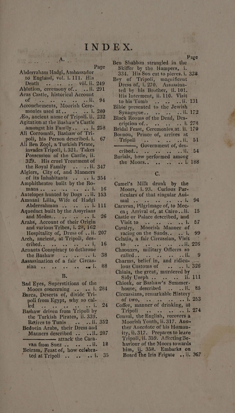 AL, Page Abderraham Hadgi, Ambassador to England, vol. i. 111. His Bo ee ~- VOl. ii. 249 Ablution, ceremony of.. ..ii. 291 Acas Castle, historical Account OF ies eer eerg f Accouchements, Moorish Cere- monies used at.. 305 leo Eo, ancient name of Tripoli. ii. 232 Agitation at the Bashaw’s Castle amongst his Family.. .. i. 258 Ali Corromali, Bashaw of Tri- poli, his Person described. i. 67 Ali Ben Zool, a ‘Turkish Pirate, invades T’ ripoli, i. 321. Takes Possession of the Castle, ii. 329. .His cruel Treatment of the Royal Family ... ..ii. 347 Algiers, City of, and Manners | -of its Inhabitants .. .. i. 354 Amphitheatre built by the Ro- mans... . ..°- no tae tet 16 . Antelopes hunted by Dogs ..ii. 153 ' Amnani Lilla, Wife of Hadgi Abderrahman .. ... 4. i. LIL Aqueduct built by the Assyrians and’ Medes... us 2 nk ash. 26 Arabs, Account of their Origin and various Tribes, i. 28, 162 Hospitality of, Dress of ..ii. 207 Arch, ancient, at Tripoli, des- cribed.. ipicenet® SO EAS LG Arnauts Conspiracy to dethrone the Bashaw .. .. .. i. 38 Assassination of.a fair Circas- . sian de ee ee oe ow i. 88 B. Bad Eyes, Superstitions of the Moors concerning .. .. i. 284 Barca, Deserts of, divide Tri- poli from Egypt, why so cal- . . PEL. Cane ds at tes BROT Bashaw driven from Tripoli by the Turkish Pirates, ii. 339. Retiresto Tunis .. , .. ii. 352 Bedowin Arabs, their Dress and ‘Manners described .. «ii. 207 —— attack the Cara- — van from Suez... .. «ii. 18 Beiram, Feast of, how celebra-  teda@Tripolis.. 0421.0 be /39 Page Ben Shabban strangled. in the Skiffer by the Hampers, i. 334. His Son cut to pieces. i. 338 Bey of ‘Tripoli, magnificent Dress of, i. 270. Assassina- ted by his Brother, ii. 101, His Interment, ii. 110. Visit to his Toma ete 191 Bible presented to the Jewish Synagogue... ee te tO Black Rooms of the Dead, Des- criptiomofee Te 2h 278 Bridal Feast, Ceremonies,at. ii. 170 Bornou, Prince of, arrives at — ‘eTripeli -3. eters re &gt;» Gov ernment of, ‘Wes: cr sedis Ag Gee AAD elias 04 Burials, how performed among the Moors 7 Pe ede: te koe C. Moors, i. 93. Curious Par- ticulars of that singular Ani- mal .. we ie 94 Caravan, Pilgrimage of, ‘to Mec- Ca 3 Arrival of, at Cairo. sii. 15 Castle or Palace described, and Visit, tOg de 6 sas oka Se Cavalry, Moorish Manner of racing on the Sands... .. i. 99 Celatia, a fair Chases Visita le 6 eae ee a yn eibley 226 Chaouxes, militar y Officers so called doa. Whe): dae 9% Deemer Charms, belief i in, and ridicu- lous Customs 1) Meta esp ee 306 Chiaia, the great, murdered by Sidy Useph :. ° 4.) 03) ids TEL Chiosk, or Bashaw’s Summer- house; described .. ..ii, €5 Circassians, remarkable History © DEVE Dae Vis done oon uae geet Coffee, manner of ‘drinking, at THIQOU uke. ore Nasaed ogden Consul, the English, recovers a Moorish Youth, ii.317. Ano- ther Anecdote of his Human- ity, 11.317. Prepares to leave Tripoli, ii. 359. Affecting Be- haviour of the Moors towards him, ij. 358. Embarks on