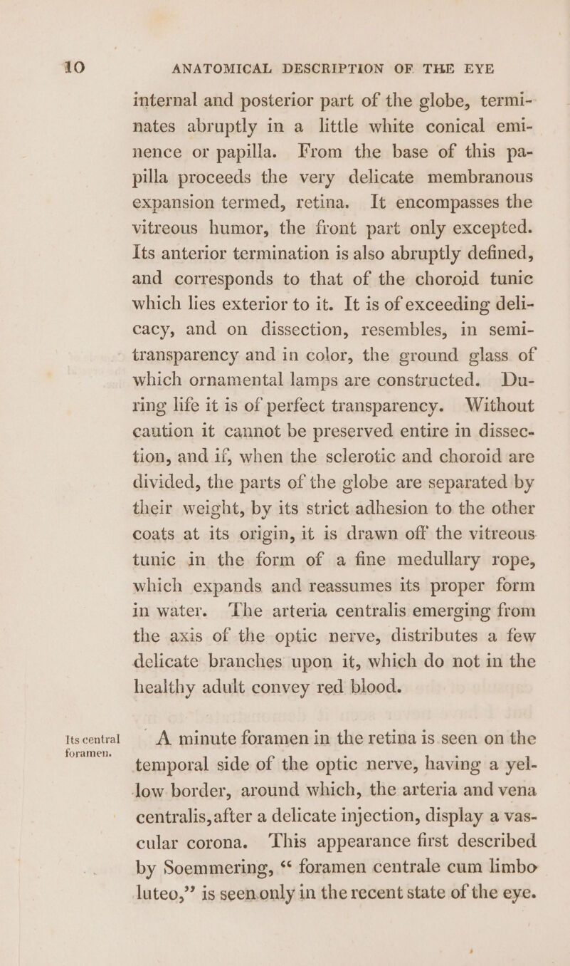 Its central foramen. internal and posterior part of the globe, termi- nates abruptly in a little white conical emi- nence or papilla. From the base of this pa- pilla proceeds the very delicate membranous expansion termed, retina. It encompasses the vitreous humor, the front part only excepted. Its anterior termination is also abruptly defined, and corresponds to that of the choroid tunic which lies exterior to it. It is of exceeding deli- cacy, and on dissection, resembles, in semi- transparency and in color, the ground glass of which ornamental lamps are constructed. Du- ring life it is of perfect transparency. Without caution it cannot be preserved entire in dissec- tion, and if, when the sclerotic and choroid are divided, the parts of the globe are separated by their weight, by its strict adhesion to the other coats at its origin, it is drawn off the vitreous tunic in the form of a fine medullary rope, which expands and reassumes its proper form in water. The arteria centralis emerging from the axis of the optic nerve, distributes a few healthy adult convey red blood. A minute foramen in the retina is seen on the temporal side of the optic nerve, having a yel- centralis, after a delicate injection, display a vas- cular corona. ‘This appearance first described by Soemmering, ‘‘ foramen centrale cum limbo luteo,” is seen.only in the recent state of the eye.