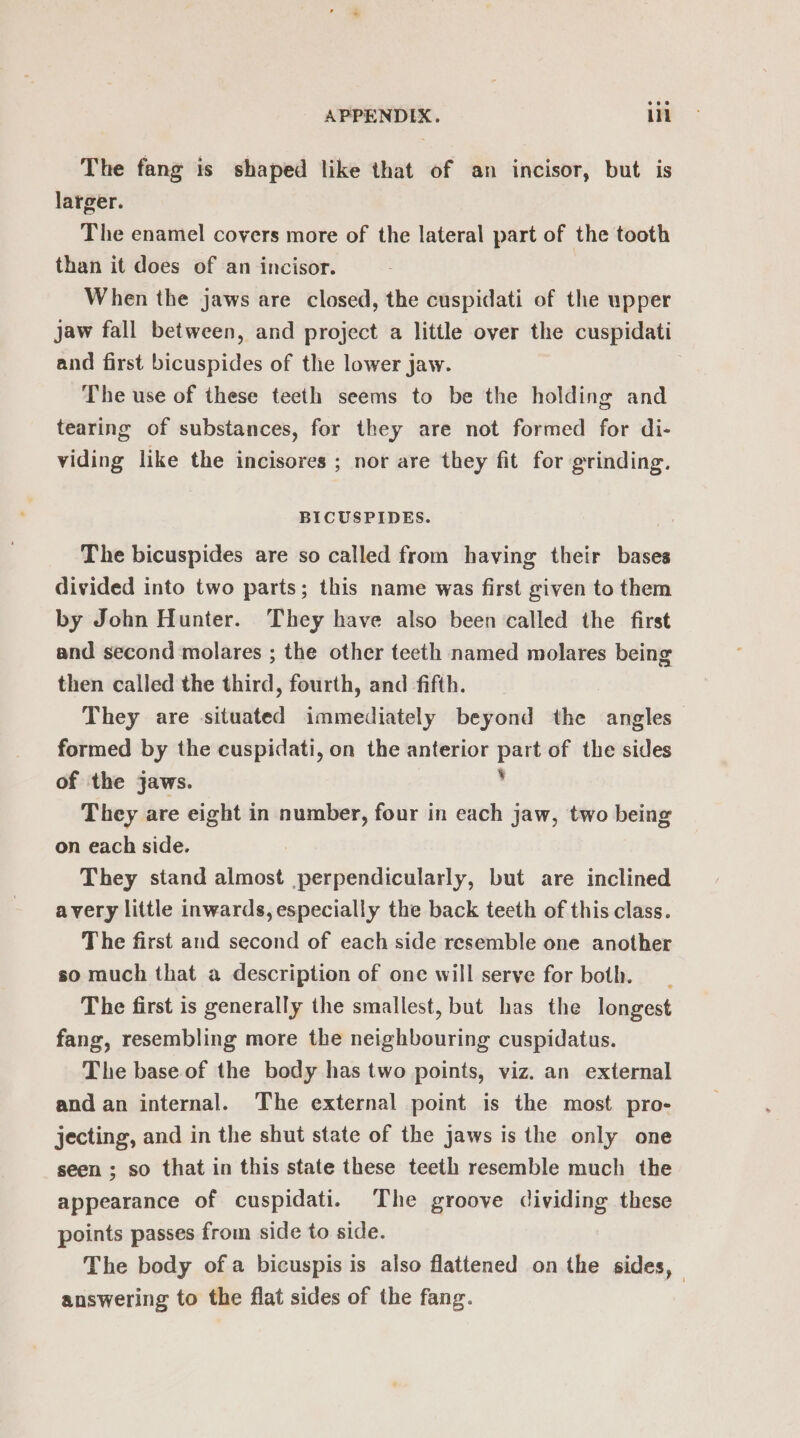 The fang is shaped like that of an incisor, but is larger. The enamel covers more of the lateral part of the tooth than it does of an incisor. When the jaws are closed, the cuspidati of the upper jaw fall between, and project a little over the cuspidati and first bicuspides of the lower jaw. The use of these teeth seems to be the holding and tearing of substances, for they are not formed for di- viding like the incisores ; nor are they fit for erinding. BICUSPIDES. The bicuspides are so called from having their bases divided into two parts; this name was first given to them by John Hunter. They have also been called the first and second molares ; the other teeth named molares being then called the third, fourth, and fifth. They are situated immediately beyond the angles formed by the cuspidati, on the anterior part of the sides of the jaws. . They are eight in number, four in each jaw, two being on each side. They stand almost perpendicularly, but are inclined avery little inwards, especially the back teeth of this class. The first and second of each side resemble one another so much that a description of one will serve for both. __ The first is generally the smallest, but has the longest fang, resembling more the neighbouring cuspidatus. The base of the body has two points, viz. an external and an internal. The external point is the most pro- jecting, and in the shut state of the jaws is the only one seen ; so that in this state these teeth resemble much the appearance of cuspidati. The groove dividing these points passes from side to side. The body of a bicuspis is also flattened on the sides, answering to the flat sides of the fang.