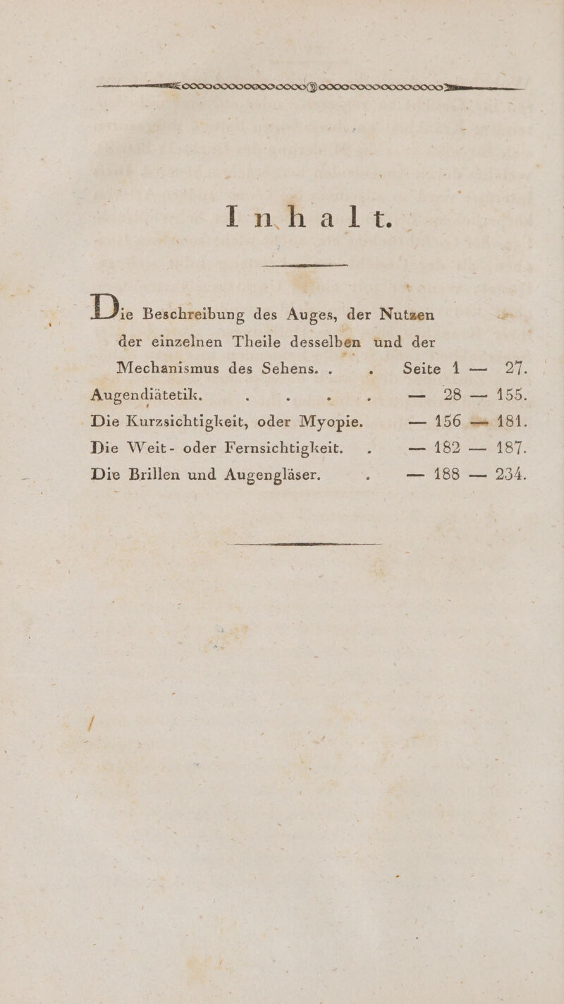 Tahal® D.:. Beschreibung des Auges, der Nutzen der einzelnen Theile desselben und der Mechanismus des Sehens. . : Seite 1-21. Augendiätetik. : b „ 4,98 — 155. Die Kurzsichtigkeit, oder ee 1506 11. Die Weit- oder Fernsichtigkeit. . —:-4182 —187. Die Brillen und Augengläser. , — 1885 — 254.
