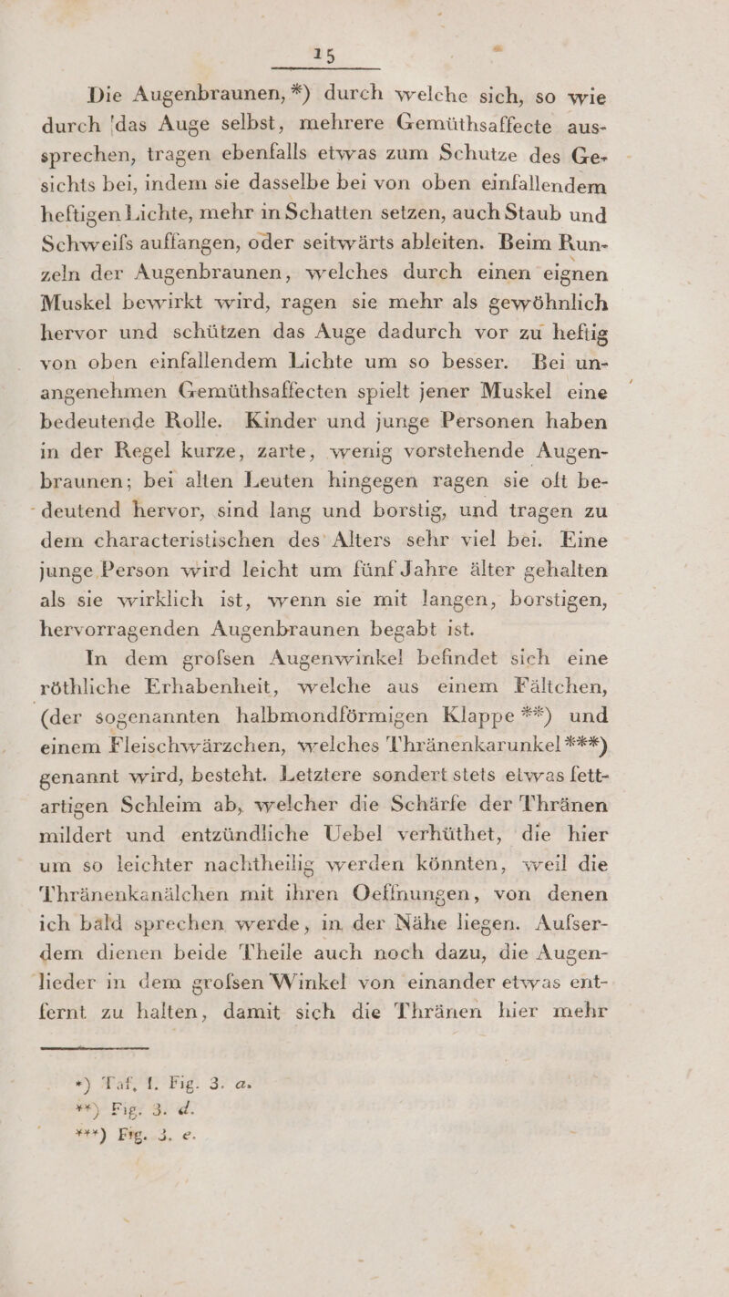 Die Augenbraunen, *) durch welche sich, so wie durch 'das Auge selbst, mehrere Gemüthsaffecte aus- sprechen, tragen ebenfalls etwas zum Schutze des Ge» sichts bei, indem sie dasselbe bei von oben einfallendem heftigen Lichte, mehr ın Schatten setzen, auch Staub und Schweifs auffangen, oder seitwärts ableiten. Beim Run- zeln der Augenbraunen, welches durch einen eignen Muskel bewirkt wird, ragen sie mehr als gewöhnlich hervor und schützen das Auge dadurch vor zu heftig von oben einfallendem Lichte um so besser. Bei un- angenehmen Gemüthsaffeeten spielt jener Muskel eine bedeutende Rolle. Kinder und junge Personen haben in der Regel kurze, zarte, wenig vorstehende Augen- braunen; bei alten Leuten hingegen ragen sie oft be- - deutend hervor, sind lang und borstig, und tragen zu dem characteristischen des Alters sehr viel bei. Eine junge Person wird leicht um fünf Jahre älter gehalten als sie wirklich ist, wenn sie mit langen, borstigen, hervorragenden Augenbraunen begabt ıst. In dem grofsen Augenwinkel befindet sich eine röthliche Erhabenheit, welche aus einem Fältchen, (der sogenannten halbmondförmigen Klappe **) und einem Fleischwärzchen, welches Thränenkarunkel #*#) genannt wird, besteht. Letztere sondert stets eiwvas fett- artigen Schleim ab, welcher die Schärfe der T'hränen mildert und entzündliche Uebel verhüthet, die hier um so leichter nachtheilig werden könnten, weil die T'hränenkanälchen mit ihren Oellnungen, von denen ich bald sprechen werde, in. der Nähe liegen. Aufser- dem dienen beide Theile auch noch dazu, die Augen- lieder ın dem grofsen Winkel von einander etwas ent- fernt zu halten, damit sich die Thränen hier mehr *) Taf, tr. Fig. 3. 0. er) Bi 9 d. “r) Fre. 3 € -