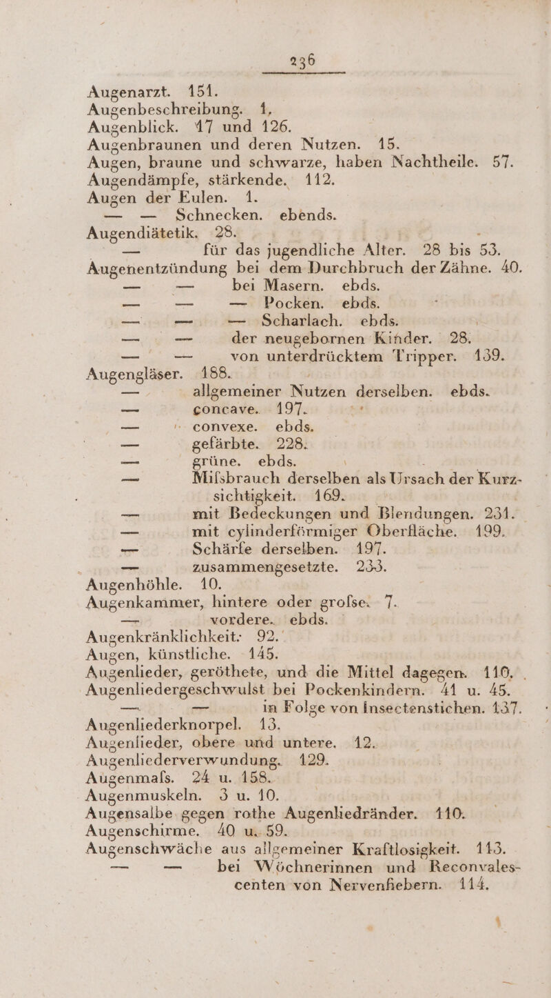 Augenarzt. 151. Augenbeschreibung. 1, Augenblick. 47 und 126. Augenbraunen und deren Nutzen. 415. Augen, braune und schwarze, haben Nachtheile. 57. Augendämpfe, stärkende. 112. Augen der Eulen. 1. — — Schnecken. ebends. ee 28. ; für das jugendliche Alter. 28 bıs 59. Augehientzündung bei dem Durchbruch der Zähne. 40. —_ bei Masern. ebds. Ra — — Pocken. ebds. En _ — Scharlach. ebds. u der neugebornen Kinder. 28. — von unterdrücktem Tripper. 139. Ausenelätfr.. 188. = allgemeiner Nirtzbn derselben. ebds. = concave. 197. en convexe. ebds. — gefärbte. 228. &gt;&gt; grüne. ebds. en Mifsbrauch derselben als Ur ch der Kurz- sichtiekeit. 169. | — mit Belkerumie und Blendungen. 931. — mit cylinderförmiger Oberfläche. 199. _— Schärfe derselben. 197. zusammengesetzte. 25. Ankenhähe, 10. RS eukRuileR, hintere oder grolse. 7. vordere. ebds. Ausenkränkliehleit: Gar Augen, künstliche. 145. Augenlieder, geröthete, und die Mittel dagegen. 110, . Augenlie denk ru bei Pockenkindern. 41 u. 45. ie in Folge von insectenstichen. 137. Augenliederknorpel, 15. Augenlieder, obere und untere. 12. Augenliederverwundung. 129. Augenmals. Au. 158. Augenmuskeln. sa. 10, Augensalbe gegen rothe Augenliedränder. 110. Augenschirme, 40 u. 59. Augenschwäche aus allgemeiner Kraftlosigkeit. 119. —— — beı Wochnktänch und Reconvales- centen von Nervenfiebern. 114.