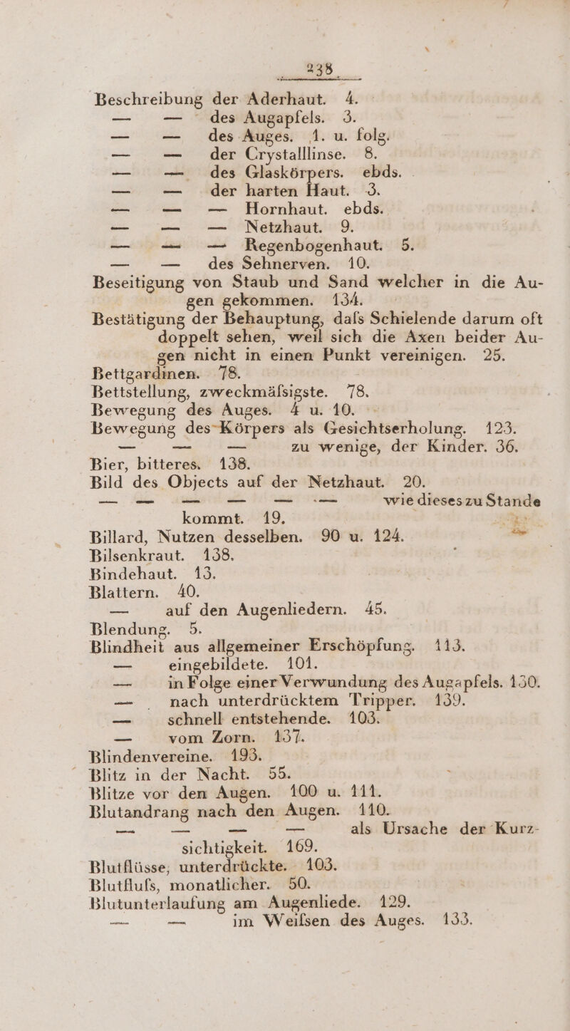 Beschreibung der Aderhaut. 4. “ des Augapfels. 3. des Auges. 1. u. folg. der Crystalllinse. 8. des Glaskörpers. ebds. . der harten in EN — Hornhaut. ebds. — Netzhaut. 9. — Regenbogenhaut. 5. des Sehnerven. 10. Beseitigung von Staub und Sand welcher in die Au- en gekommen. 194. Bestätigung der Behauptung, dals Schielende darum oft doppelt sehen, weıl sich die Axen beider Au- ‚gen nicht in einen Punkt vereinigen. 25. Bettgardinen. 78. | | Bettstellung, zweckmälsigste. 78. Bewegung des Auges. 4 u. 10. - Bewegung des-Körpers als Gesichtserholung. 123. —_ __— — zu wenige, der Kinder. 36. Bier, bitteres. 138. Bild des Objects auf der Netzhaut. 20. it! EITAELE u A ae Par alas wie dieseszu Stande kommt. 19. ER Billard, Nutzen desselben. 90 u. 124. Bilsenkraut. 188. Bindehaut. 19. Blattern. 40. — auf den Augenliedern. 45. Blendung. 5. Blindheit aus allgemeiner Erschöpfung. 113. — eingebildete. 101. LE in Folge einerVerwundung des Augapfels. 150. — _ nach unterdrücktem Tripper. 139. — schnell entstehende. 103. “ vom Zorn. 1937. Blindenvereine. 19. “ Blitz in der Nacht. 53. Blitze vor den Augen. 100 u. 111. Blutandrang nach den Augen. 110. nn — = als Ursache der Kurz- sichtigkeit. 109. Blutflüsse,; unterdrückte. 105. Blutflufs, monatlicher. 50. Blutunterlaufung am Augenliede. 129. — — im Weilsen des Auges. 133. u