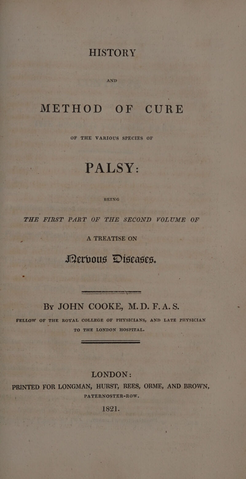 HISTORY AND METHOD OF CURE OF THE VARIOUS SPECIES OF PALSY: BEING THE FIRST PART OF THE SECOND VOLUME OF A TREATISE ON JQervous Diseases, hal ewe. By JOHN COOKE, M.D. F.A.S. FELLOW OF THE ROYAL COLLEGE OF PHYSICIANS, AND LATE PHYSICIAN TO THE LONDON HOSPITAL. cee LE EE I TT I LONDON: PRINTED FOR LONGMAN, HURST, REES, ORME, AND BROWN, PATERNOSTER-ROW,. 1821.