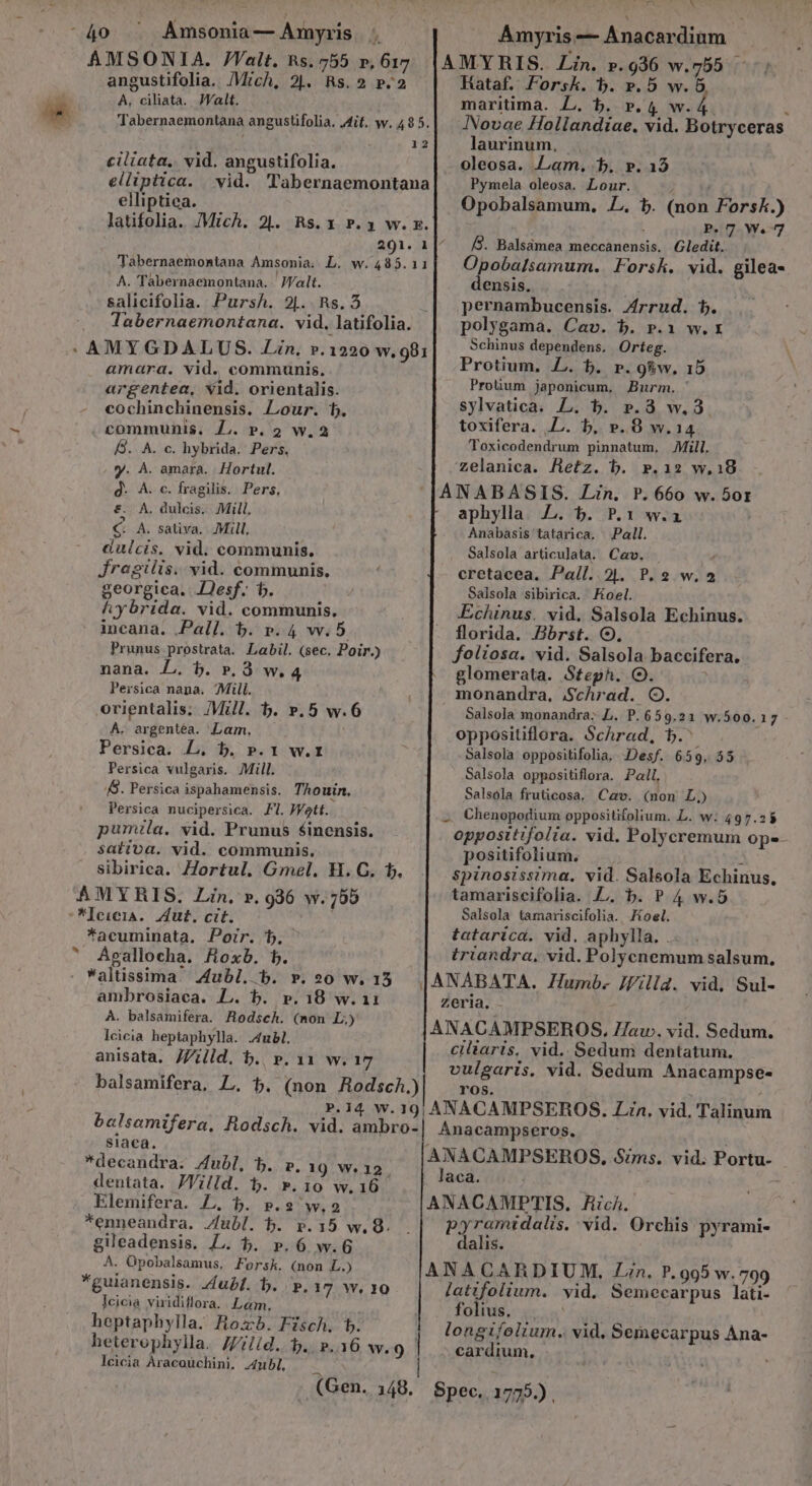 ak. Ámsonia — Amyris n ÁAÁMSONIA. JValt. Rs. 755 p, 617 angustifolia. /|Vich, 21. Rs.2 p.2 ciliata. vid. angustifolia. elliptica. elliptica. - A. Tábernaemontana. JValt. salicifolia. Pursh. 2|. Rs. 5 amara. vid. communis. argentea, vid. orientalis. cochinchinensis. Lour. b. communis. Z.. P. 2 w.2 8. A. c. hybrida. Pers, y. A. amara. Hortul. d. A. c. fragilis. Pers, €. A. dulcis. Mill, c A. sativa. .Mill, dulcis. vid. communis. jregilis. vid. communis. georgica. esf. b. hybrida. vid. communis. incana. .Pall. b. p. 4 w. 5 Prunus prostata. Labil. (sec. Poir.) nana. L. b. ». d. w, 4 Persica nana. Mili. orientalis; /Vill. b. ».5 w.6 A. argentéa. Lam, ; Persica. L, b. p.1 w.t Persica vulgaris. Mill. (8. Persica ispahamensis. TAouin. Persica nucipersica. Jl. JVett. pumila. vid. Prunus $inensis. sativa. vid. communis. sibirica. Hortul. Gmel. H. C. b. AMYRIS. Lin. ».996 w.755 *Icicia. Zut. cit. *acuminata. Poir. b. Agallocha. Aoxb. b. ambrosiaca. L. b. p.18 w. 11 À. balsamifera. Rodsch. (non L,y lcicia heptaphylla. .4uBl. anisata. JZilld. b. p. 31 w. 17 «a 9 uu N ÁAmyris — Anacardium Hataf. Forsk. b. ».5 w. 5 maritima. L. b. ».4 w.4. : INovae Hollandiae. vid. Botryceras laurinum, | oleosa. Jam. b. p. 15 Pymela oleosa. Lour. J Fg Opobalsamum, .L. b. (non Forsk.) : P.7 W. 7 8. Balsamea meccanensis. Gledit. Opobalsamum. Forsk. vid. gilea- ensis. pernambucensis. /rrud. hb. polygama. Cav. b. p.1 w. 1 Schinus dependens. Orteg. Protium, £L. b. r. 98w, 15 Proüum japonicum, Burm. sylvatica. L. b. ».8 w.3. toxifera. LL. b, ». 8 w.14 Toxicodendrum pinnatum, Mill. Zelanica. Aetz. b. p.12 w.18 aphylla. £L. b. P.1 w.a | Anabasis tatarica, Pall. Salsola articulata. Cav. . cretacea. Paíl. 21. P. 2 w. Salsola sibirica. Koel. Echinus. vid. Salsola Echinus. florida. Bbrst. OG. foliosa. vid. Salsola baccifera. glomerata. Stegh. Q. Salsola monandra: L. P.659.21 w.500.17 oppositiflora. Schrad, b. Salsola oppositifolia, :Desf. 659, 55 Salsola oppositiflora. Pall, Salsola fruticosa, Cav. (non L,) oppositifolia. vid. Polycremum op-- positifolium. . spinosissima. vid. Salsola Echinus. tamariscifolia. L. b. P 4 w.5 Salsola tamariscifolia. Hoel. tatarica. vid. aphylla. . triandra, vid. Polycnemum salsum, Zeria. ciliaris. vid. Sedum dentatum. vulgaris. vid. Sedum Anacampse- TOS. siaca. *decandra. Aubl, b. p. 1) W. 12 dentata. JVilld. 5. ».10 w. 16 Elemifera. L. b. ».2 w.2 *enneandra. /fubl. b. p.15 w.8. gileadensis. L. b. ».6 w.G A. Opobalsamus, Forsk. (non L.) *guianensis. /ubl. b. p. 17 W, 10 Icicia viidiflora.. Lam. heptaphylla. Rozxb. Fisch. b. lcicia Aracaüchini. ubl, laca. pyramidalis. vid. Orchis pyrami- dalis. latifolium. vid. Semecarpus lati- folius. |. longifolium. vid, Semecarpus Ana- cardium.,