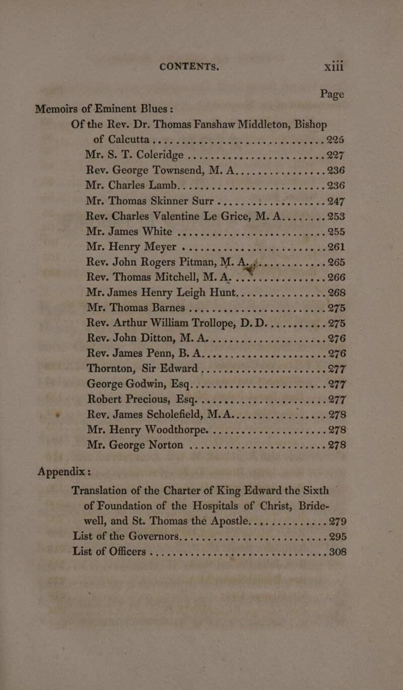 Page Memoirs of Eminent Blues : Of the Rev. Dr. Thomas Fanshaw Middleton, Bishop of: Calcutta ewe Pre Sn o's ae as 225 EN HOUT MAIS On wa gees ned hc ae od 227 Rev. George Townsend, M. A.............¢.- 236 Wits CHam@ereinos fotos et Seecas s ec cerces « 236 Mr.'Thomas Skinner Surt 2205.08 7D eee... S47 Rev. Charles Valentine Le Grice, M. A........ 253 Pir..games’ White &lt;2. . Sega sak &lt; setehela os + ciara 6 255 Mr: Henry Meyer: sid 1.255 205: sree ¥ ato gb 261 Rev. John Rogers Pitman, M. A.............. 265 Rev. Thomas Mitchell; MiA. or ee cee des cess 266 Mr. James Henry Leigh Hunt................ 268 Die CiUuaa ATCO, vSca' VO NUN Cae Pee 275 Rev. Arthur William Trollope, D.D........... 275 Rev. John Ditton, Me Asi... 6.5. scsi ere deme 276 PLOY. JAUMIES PCN Ti die cs ccs ucic sets nan Q7 Thornton; Sir: hadwarde fore e eee ee Mey Fee, Q77 George Godwin; Laq v2 sree Peers. ee. Q77 Robert Precious, Esq. ............. eat Fae 277 - Rev. James Scholefield, M.A............ hs tie 2783 Wir.;Henry) Woodthorpest (oof. te oe ke a5 oe 278 DEP. CHOORRS INGRUOL 1. Us ata ete Meccan ek 278 Appendix : Translation of the Charter of King Edward the Sixth © of Foundation of the Hospitals of Christ, Bride- well, and St. Thomas the Apostle.............. 279 TABEOL THEO ERTOIS, or et chit ee Seats Cee ating 295 ine¢ oF Ohieery ee. 65'. ses ¢ “yaria teased ea aoe 308