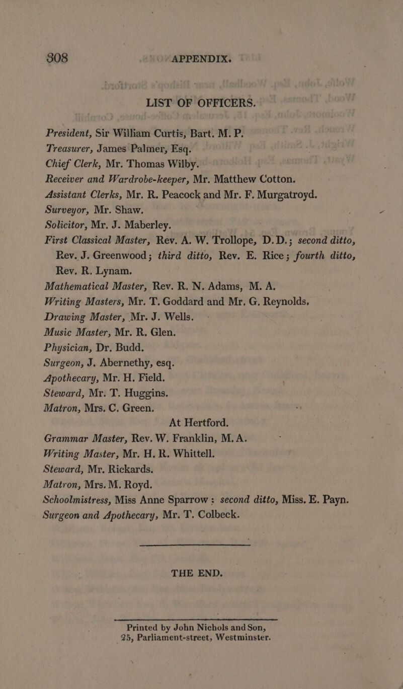 LIST OF OFFICERS. President, Sir William Curtis, Bart. M. P. Treasurer, James Palmer, Esq. Chief Clerk, Mr. Thomas Wilby. Receiver and Wardrobe-keeper, Mr. Matthew Cotton. Assistant Clerks, Mr. R. Peacock and Mr. F. Murgatroyd. Surveyor, Mr. Shaw. Solicitor, Mr. J. Maberley. First Classical Master, Rev. A. W. Trollope, D.D.; second ditto, Rev. J. Greenwood; third ditto, Rev. E. Rice; fourth ditto, Rev. R. Lynam. Mathematical Master, Rev. R. N. Adams, M. A. Writing Masters, Mr. T. Goddard and Mr, G. Reynolds. Drawing Master, Mr. J. Wells. Music Master, Mr. R. Glen. Physician, Dr, Budd. Surgeon, J. Abernethy, esq. Apothecary, Mr. H. Field. Steward, Mr. T. Huggins. Matron, Mrs. C. Green. At Hertford. Grammar Master, Rev. W. Franklin, M. A. Writing Master, Mr. H. R. Whittell. Steward, Mr. Rickards. Matron, Mrs. M. Royd. Schoolmistress, Miss Anne Sparrow : second ditto, Miss, E. Payn. Surgeon and Apothecary, Mr. T. Colbeck. THE END. Printed by John Nichols and Son, 25, Parliament-street, Westminster.