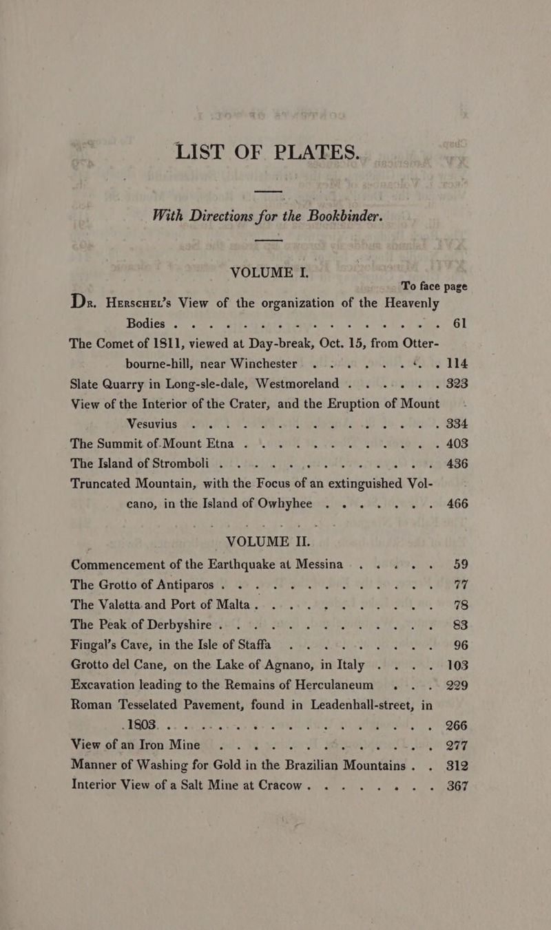 LIST OF PLATES. With Directions for the Bookbinder. oot VOLUME I. To face page Dr. Hersenet’s View of the organization of the ee Bodiéa 3... ++ 14 G1 The Comet of 1811, viewed at Py hese Oct. 15, from One bourne-hill, near Winchester . . .. . .¢ . 114 Slate Quarry in Long-sle-dale, Westmoreland . . ... . . 323 View of the Interior of the Crater, and the Eruption of Mount — Wesuviiss eae Po AM pee lo othe. B84 The; Sammit of-Mount Etna’ ..‘.0'0 i. 2k sities 408 The Island of Stromboli )../ 02.0 26 peti eh ee . 436 Truncated Mountain, with the Focus of an Senigucdaea Vol- ; cano, in the Island of Owhyhee . . . . . . . 466 VOLUME II. Commencement of the Earthquake at Messina . . «. . . 59 The Grotto of Antiparos . EPCS TORS CLO O99, BET The: Valetta.and Port of Malta... .- 2... ood) Pe SE 8 Rie. Veakiof Derbyshiresie6) 22) fae) oa ee In FP BB Fingal’s Cave, in the Isle of Staffa . . .. Wang ie OG Grotto del Cane, on the Lake of Agnano, in tly PGA POR Excavation leading to the Remains of Herculaneum . . . 229 Roman Tesselated Pavement, found in Leadenhall-street, in . 1803. CH eR en bes Ee bs AU Amt,” -D6G View of an Iron Mine at. AB ae, HH! Sap Manner of Washing for Gold in he Brazilian Mountatis , ts Interior View of a Salt Mine at Cracow. . . . . 2. . 367