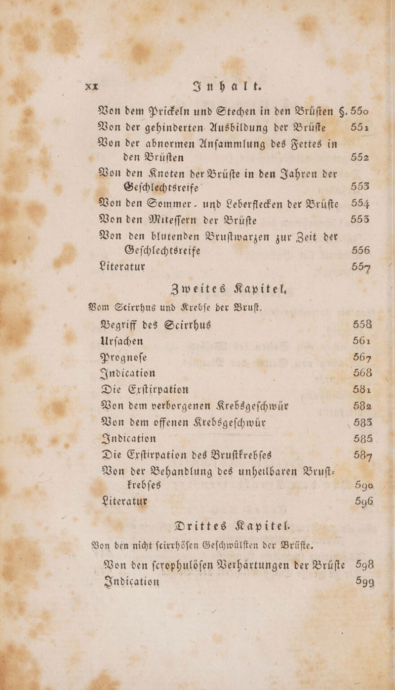 &amp; Zi 8 * 5 “dr Inhalt. Von der gehinderten Ausbildung der Brüſte 4 Von der abnormen Anſammlung des Fettes in N den Brüſten Von den Knoten der Brüſte in den Jahren der 65 Geſchlechtsreife Von den Sommer- und Leberflecken der Brüfe Von den Miteſſern der Brüfte Von den blutenden Bruſtwarzen zur Zeit der Geſchlechtsreife Literatur Zweites Kapitel, Vom Scirrhus und Krebſe der Bruſt, Begriff des Scirrhus Urſachen Prognoſe Indication Die Exſtirpation Von dem verborgenen Krebsgeſchwür Von dem offenen Krebsgeſchwür Indication Die Exſtirpation des Bruſtkrebſes Von der Behandlung des unheilbaren Brust krebſes Literatur W Drittes Kapitel. Von den nicht ſcirrhöſen Geſchwülſten der Brüſte. Pon den ſcrophulöſen Verhärtungen der Brüſte Indication . ü * Pı u. 1 552 A 553 554 555 5566 55 4 558 561 56 568 | er | 581 7 582 583 588 * 1 590 Ä 596