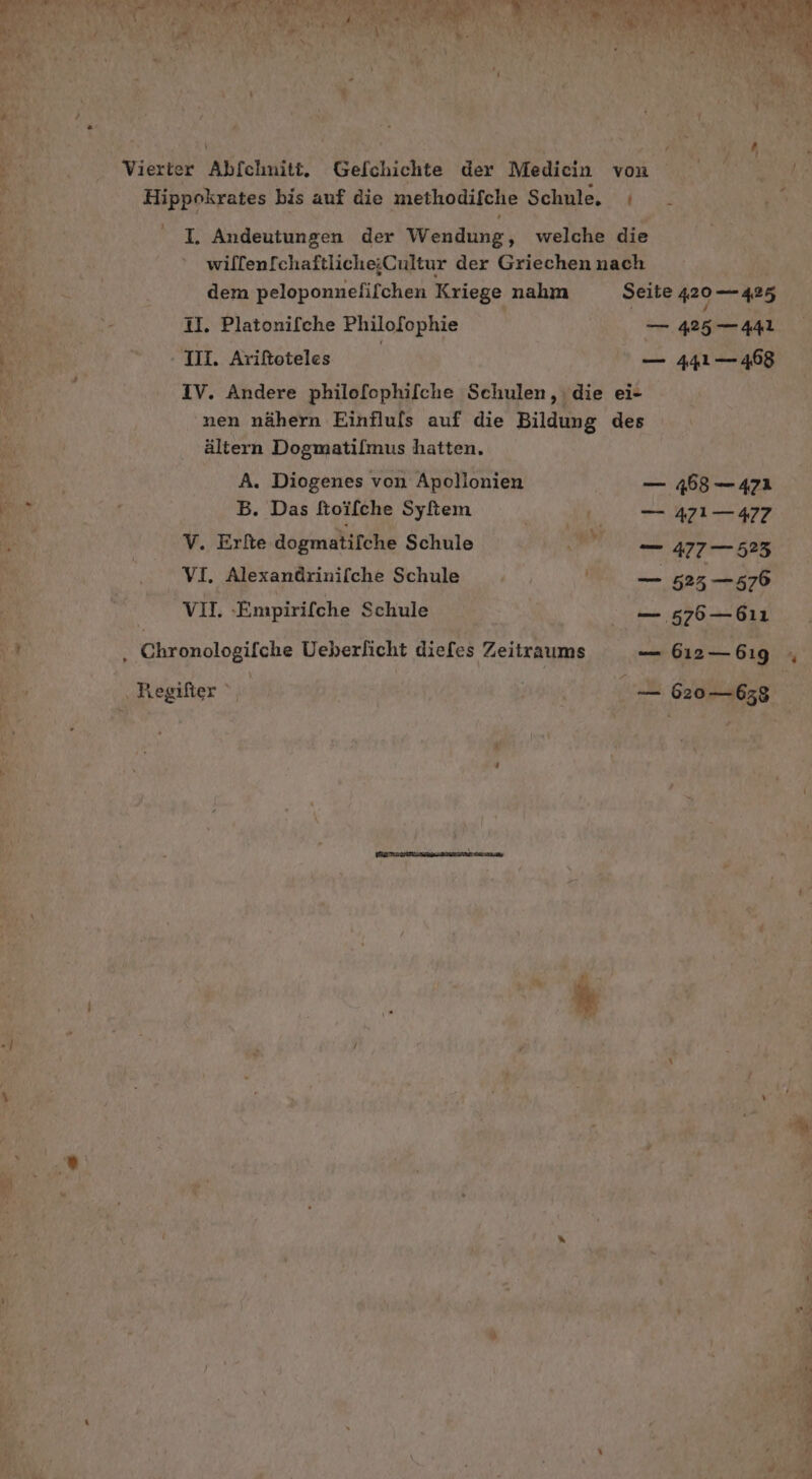 a, = | | Ä | j 2 Vierter Abfchnitt. Gefchichte der Medicin von Hippokrates bis auf die methodifche Schule. ı _ I. Andeutungen der Wendung, welche die willenIchaftliche;Cultur der Griechen nach dem peloponnefilchen Kriege nahm Seite 420—425 1I. Platonifche Philofophie — 425 —441 IV. Andere philofophifche Schulen, die ei- nen nähern Einfluls auf die Bildung des ältern Dogmatilmus hatten. A. Diogenes von Apollonien — 468 — 47% B. Das ftoifche Syftem | — 471—477 V. Erfte dogmatifche Schule a 477 — 523 VI, Alexandrinifche Schule | —_ 523 — 3576 | vo. ‚Empirifche Schule RR 576—611 ‚ Chronologifche Ueberlicht diefes Zeitraums — 612— 619 &amp; Regifter ', | | i — 620—638 % % 1