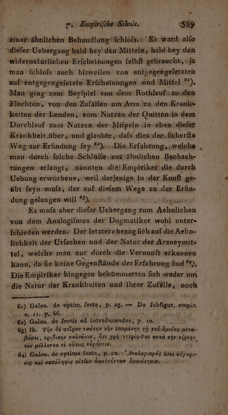 . : m Empirifehes Schule. 588 | . einer“ ähnlichen Behandlung‘ {chlöfs.r Es ward alfo “diefer: 'Üebergang bald bey' den Mitteln, bald bey den widernatürlichen' Erf[cheinungen felbft gebraucht, oja® man fchlofs auch bisweilen von entgegengeletzten aufs entgegengefetzte' Erfdheinungen und 'Mittel *), Man ging‘ zum: Beyfpiel: von ıdem' Rothlauf. zwiden Flechten; vonden Zufällen «am Arm 'zu (den Krank« keiten der Lenden, vom Nutzen der Quittön»-in dem Durchlauf zum Nutzen der Mitpeln in«eben: diefer Krankheit,über, ‘und glaubte ,: ‚dafs dies den.ficherfte Wegrzur:Erfindung fey.f ?)s1, ‚Die Erfahrung, ‚welche . man: durch folche Schlülle+iaus ähnlichen Beobach- tungen‘ verlangt; nannten. die) Empiriker: die «ureh Uebung erworbene ,;'weil (derjenige in: ‚der Kunf ge- übt feyn-mufs, der auf dielom Wege zu der Erün- _ . dung gelangen: sa Mrs area, degssan) Es mufs aber diefer en zum Aehnlichen von dem Analogilmus der Dogmatiker wohl unter« fchieden werden. Der letzterebezog lich auf die Aehn- lichkeit der Urfachen und der'Natur:der Arzneymit- tel, welche man nur durch'die‘ Vernunft erkennen kann, da’fie keine Gegenftände der Erfahrung find °*), Die Empiriker hingegen bekümmerten Ach weder um er Natur der Krankheiten Ka: daireckänge noch 61) Galen. de-optim. [ecta, Bi ve, — De PR a jr 7% 11. -p.\, 66. Ri ei nd 62) Galen, de fectis ad introducendos, p.. 10,.: 63), Ib. Tiv ds neigew Tavanv nv Snogdunv 7n To öolon UETR- Bios, zgußunnp xahouv0ıy, Orı 2oN Ks KoT&amp; Ti. zöem, zo» uehhovre, Ti oUras süondsı, N 64) Galen. de optima fecta, p.20. Avahoyuauds EITt ed. ai ci EBENE airev daslairuun.d ÖROPInaIF. .