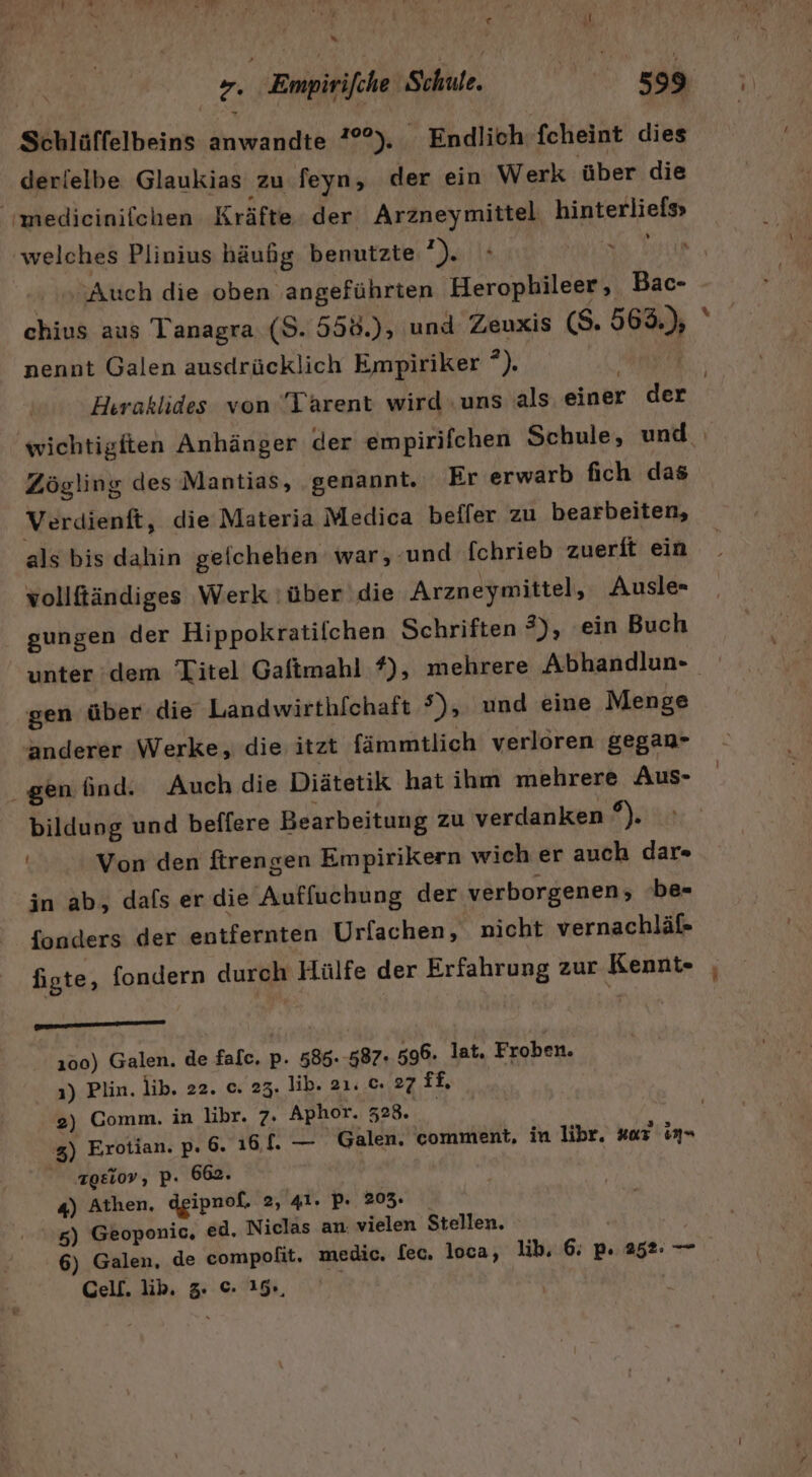 &amp; Kl: ir 7 - j r dl x Schlüffelbeins anwandte ?%°). Endlich fcheint dies derielbe Glaukias zu feyn, der ein Werk über die ‚medicinilchen Kräfte der Arzneymittel hinterliels welches Plinius häußg benutzte FH is} Auch die oben angeführten Heropbileer , Bac- chius aus Tanagra ($. 558.), und Zeuxis (S. 563.), nennt Galen ausdrücklich Empiriker *). “ Hıraklides von Tarent wird uns als einer der e Zögling des Mantias, ‚genannt. Er erwarb fich das Verdienft, die Materia Medica beffer zu bearbeiten, als bis dahin geichehen war, und {chrieb zuerft ein vollftändiges Werk über die Arzneymittel, Ausle- gungen der Hippokratifchen Schriften 3), ‚ein Buch unter dem Titel Gaftimahl f), mehrere Abhandlun- gen über die Landwirthfchaft 5), und eine Menge anderer Werke, die itzt fämmtlich verloren gegan- gen find. Auch die Diätetik hat ihm mehrere Aus- bildung und beffere Bearbeitung zu verdanken f}: | Von den ftrengen Empirikern wich er auch dar- in ab, dafs er die Auffuchung der verborgenen; be- {onders der entfernten Urfachen, nicht vernachläfß- figte, fondern durch Hülfe der Erfahrung zur Kennt- — 100) Galen. de falc, p. 585. 587. 596. lat. Froben, ı) Plin. lib. 22. c. 23. lib. 21. c. 27 ff, 2) Comm. in libr. 7. Aphor. 5328. 5) Erotian. p. 6. 16.1. — Galen. comment, in libr. zur in- zoziov, p. 662. 4) Athen. dgipnof. 2, 41. pP. 203. 5) Geoponic, ed. Niclas an. vielen Stellen. | 6) Galen, de compolit. medic. fec. loca, lib, 6: p. 252: —