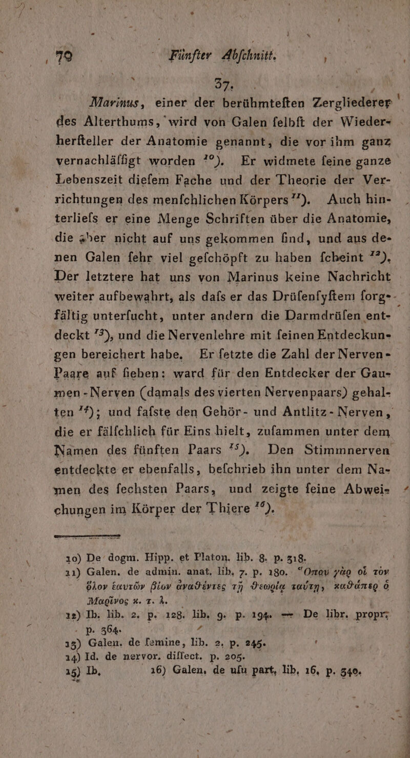 “ 34, Marinus, einer der berühmteften Zergliederer ' des Alterthums, wird von Galen felbft der Wieder- herfteller der Anatomie genannt, die vor ihm ganz vernachlälfigt worden 10); Er widmete [eine ganze Lebenszeit diefem Fache und der Theorie der Ver- richtungen des menfchlichen Körpers 1), Auch hin- terliels er eine Menge Schriften über die Anatomie, die sher nicht auf uns gekommen find, und aus de- nen Galen fehr viel gefchöpft zu haben fcheint ??), weiter aufbewahrt, als dafs er das Drüfenfyftem forg-- fältig unterfucht, unter andern die Darmdrülen ent- deckt 3), und die Nervenlehre mit feinen Entdeckun- Paare auf fieben: ward für den Entdecker der Gau- men-Nerven (damals des vierten Nervenpaars) gehal- ten ’?); und fafste den Gehör- und Antlitz- Nerven, die er fälfchlich für Eins hielt, zufammen unter dem Namen des fünften Paars 75), Den Stimmnerven entdeckte er ebenfalls, befchrieb ihn unter dem Na- men des fechsten Paars, und zeigte feine Abwei- chungen im Körper der Thiere ’°). ı0) De dogm. Hipp. et Flaton. lib. 8. p. 318. 21) Galen, de admin. anat. lib, 7. p. 180. Orov yao oL Tov 6koy avröv Biov avadEvızg 7} Yengia zavrn, XOFUNSE © Mogivog x. T. k. 12) Ib. lib. 2. p. 128. lib, 9 p- 19%. = De lihr. propr; - P. 354 7 35) Galen. de femine, lib. 2. p. 245. ' 14) Id. de nervor. diffect. p. 205. 15) Ib, ı6) Galen, de ulu part, lib, ı6, p- 549.