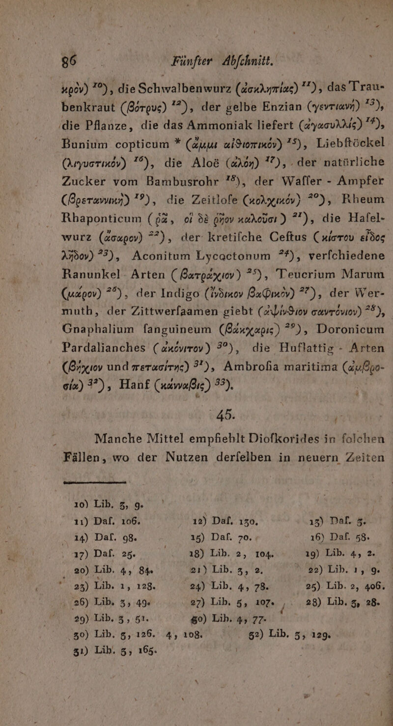 | zoov) 7°), die Schwalbenwurz (donymizs) ), das Trau«- benkraut (@orgus) ’ ”), der gelbe Enzian (yerriavn) ?), ‚die Pflanze, die das Ammoniak liefert (dyasuAA4s) ?), Bunium copticum * (aus aigıormov) 75), Liebftöckel (Aryuorinov) 7°), die Alo&amp; (&amp;A0n) 7), . der natürliche Zucker vom Bambusrohr 7%), der Waffer - Ampfer (Bosravuny) 77), die Zeitlofe Rh) *°), Rheum Rhaponticum (g&amp;, ot d2 gn0v naAouer) ”), die Hafel- wurz (&amp;oapev) ”), der kretifche Ceftus (niorov sidos And0v) ”?), Aconitum Lycactonum *7), verfchiedene Ranunkel - Arten (Barg&amp;xıov) *°), Teucrium Marum (uxgov) BR der Indigo (Iömov BaPırov) 7), der Wer- muth, der Zittwerfaamen giebt (audiv$iov vavroviov) *°), Gnaphalium fanguineum (P&amp;rxagıs) ”), Doronicum Pardalianches («xcvrov) 2°), die Huflattig - Arten (Buyxıov und werasıryg) ?'), Ambrofia maritima (dußgo- o1&amp;) 3”), Hanf (nawaßı; ) 33), 048: ,- Manche Mittel empfiehlt Diofkorides ir folchen Fällen, wo der Nutzen derfelben in neuern Zeiten 7 ı0) Lib, 3, 9 11) Daf. 106. 12) Dal, 130, 13) Dal. 3. ..ı4) Dal. 98. 15) Daf. 70. ı6) Daf. 58. 17) Daf. 25. | ı8) Lib. 2, 10% 19) Lib. 4, 2 20) Lib. 4, 8% 2ı) Lib. 3, 2.  22) Lih. ı, R 23) Lib. 1, 128. 24) Lib. 4, 78. 25) Lib. 2, 406. ‚ 26) Lib. 3, 49 27) Lib, 5, 107. ,. 28) Lib.g, 28. 29) Lib. 3, 51. 60) Lih. 4, 77. 30) Lib. z, 126. 4, 108. . 52) Lib. 5, ı29