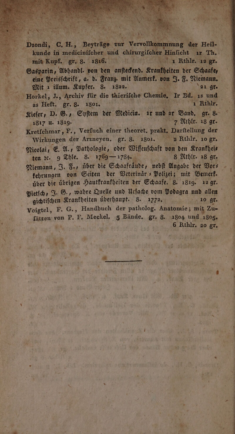 kon Imnung der Heil- : Be in medieiniteher und ehirurgitcher Hinficht ır Th. N mit, Kupf. gr, 9.‘ 1816. We 1 Rthle. 12° gr. Yo Gasparin ’ bhandl. von den anfterfend. Pi: von der Schaafe, x N eine Preisichrift, a. d- Sranz mit Anmerf. ‚von 1.8, Niemann. &amp; Mit a illum. Kupfer, 8. 1822. Ay Y2190e N \ Horkel, J., Archiv für die thierifche Chemie, Ir Bd. 15 und. a 7 Heft. gr. 8. 1801, BEN NG ‚Rihlr, Kiefer, D. ®., Syftem der Medicin. ır und er Band, ges | 8 1817 u. 1819. 17 Kıplr. 18 dr» ; Kretfchmar, F., Verfuch einer theoret, prakt. Darftellung der Wirkungen der Arzneyen. gr. 8. 1801. ai 2 Rtlılr. 10 gr. | ‚. Moolais €. U. Pathologie, oder Wiffenfhaft von den Kranfheis . ten %- 9 &lt;hle. E.% 1769 — 1784. a 0 8 Kehle. 18 gr. Niemann, 5. $., über die Schaafräude, nebft Angabe der Bors - £ehrungen von Geiten der Veterinär s Polizei; mit Benerf. ge über die übrigen Hautfranfheiten der Echaafe. 8. 1819. 129. Pietich, 3. ©, wahre Quelle und Urfahe vom Podagra nnd allen gichtifchen Krankheiten überhaupt. 8. 1772, 10 gr. Voigtel, F. G., Handbuch der patholog. Anatomie; mit, BE ; | fätzen’ von P. F. Meckel, 3 Bände. gr, 8. 1804 und 1805.