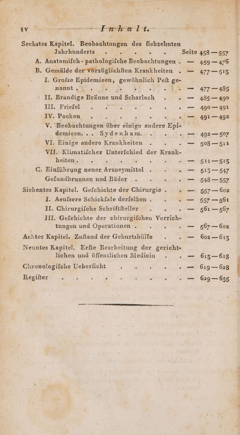 et AV» Sechstes Kapitel. Beobachtungen des fiebzehnten Jahrhunderts . . . . . A. Anatomifch - pathologifche Beobachtungen . B. Gemälde der Vörzüglichften Krankheiten . 2 u malse ee 3 en Pelt ge nannt. . . . . . . . Er Bihndiee Bräune und Scharlach . . 111. Friefel . ee . . . . IV. V. Beobachtungen über einige andere Epi- demieen, .. Sydenham. A Be T VI. Einige andere Krankheiten . £ S VII. Klimatifcher Unter[chied der Krank- heiten , R s . ‘ GC. Einführung neuer Arzueymittel . Sa N Gelundbrunnen und Bäder . . » . Siebentes Kapitel. Ge[chichte der Chirurgie . ; I. Aeulsere Schick[ale derfelben . . . II. Chirurgifche Schriftfellr . . . ‚III. Gelchichte der chirurgilchen Verrich- tungen und Operationen , ; ; ; Achtes Kapitel. Zuftand der Geburtshülfe . s . Neuntes Kapitel, Erfte Bearbeitung der gericht- lichen und öffentlichen Medicin . R Chronologilche Uekerlicht RS s R re Hegißter a e et. : St » —— 459 — 476 477 — 513 477 — 485 485 — 490 490 — 491 508 —5ı1 sl1—513 513 — 547 548 — 557 557 — 602 557 — 561 561 — 567 567 —6oz 602 — 613 613— 618 619 — 628 629 — 655