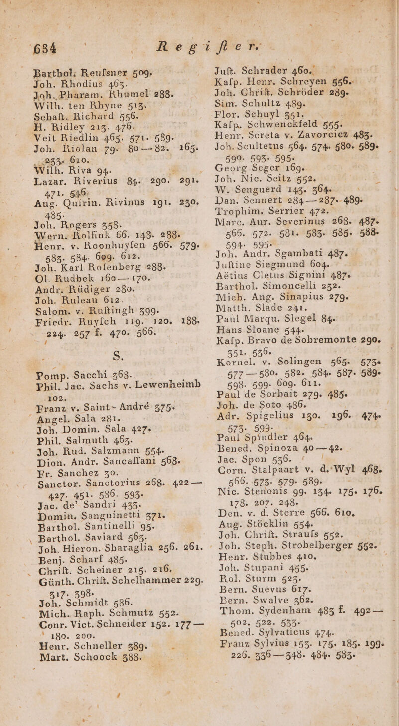 634 h Barthol: Reufsner 509. Joh. Rhodius 463. Joh. Pharam. Rhumel 288. Wilh. ten Rhyne 513. Sebalt. Richard 556. H. Ridley 2ı3. 476. Veit Riedlin 465. 571. 589- Joh. Riolan 79. 80—82. ı65. 923.610. Wilh. Riva 94. a Lazar. Riverius 84: 290. 291. au 9 7 Aug. Quirin. Rivinus 191. 230. ._ 485: Joh. Rogers 358. Wern. Rolfink 66. 148. 288. Henr. v. Roonhuyfen 566. 579. 583. 584. 609. 612. Joh. Karl Rofenberg 288. Ol. Rudbek 1ı60— 170. Andr. Rüdiger 290. Joh. Ruleau 6ı2. Salom. v. Rultingh 399. Friedr. Ruy[ch ıı19. 120 224. 257 f. 470. 568. / S. Pomp. Sacchi 363. Phil. Jac. Sachs v. Lewenheimb 102. Franz v. Saint- Andre 375. “Angel. Sala 281. Joh. Domin. Sala 427. Phil. Salmuth 463. Joh. Rud. Salzmann 554. Dion. Andr. Sancallanı 568. Fr. Sanchez 30. Sanctor. Sanctorius 268.. 422 — 427: 451. 530. 593. Jac. de’ Sandrı 433. Domin. Sanguinetti 371. Barthol. Santinelli 95. ‚ Barthol. Saviard 563. Joh. Hieron. Sbaraglia 256. a6ı. Benj. Scharf 485. Chrift. Scheiner 215. 216. Günth. Chrilt. Schelhammer 229g. 158 317. 398. Joh. Schmidt 586. Mich. Raph. Schmutz 552. Conr. Vict. Schneider 152. 177 — ' 189. 200. Henr. Schneller 389. F Mart. Schoock 388. f Juft. Schrader 460. Kalp. Henr. Schreyen 556. Joh. Chriß. Schröder 289. Sim. Schultz 489. | Kaflp. Schwenckfeld 555. Henr. Screta v. Zavorcicz 483. Joh. Scultetus 564. 574% 580. 589. 599. 595. 595: Georg Seger ı69. Joh. Nic. Seitz 552. W. Senguerd 143. 364 \ Dan. Sennert 284 — 287-489 Trophim. Serrier 472. Marc. Aur. Severinus 268. 487- 566. 572. 581. 583. 585. 588. 594: 595° A Joh. Andr. Sgambati 487. Juftine Siegmund 604. Astius Cletus Signini 487 Barthol. Simoncelli 232. Mich. Ang. Sinapius 279. Matth. Slade 241. Paul Margqu. Siegel 84. Hans Sloane 544. Kalp. Bravo de Sobremonte 290. 351. 536. 577 — 580. 582. 584. 587. 589. 598. 599. 609. 61. Paul de Sorbait 279. 485. Joh. de Soto 486. 573. 599: Paul Spindler 464. Bened. Spinoza 40 —42. Jac. Spon 536. . ! Corn. Stalpaart v. d.‘Wyl 468. 566. 573. 579. 589. Nic. Stenonis 99. 134. 175. 176. 178. 207. 248. Den. v. d. Sterre 566. 610, Aug. Stöcklin 554. Joh. Chrift. Strauls 552. Henr. Stubbes 410. Joh. Stupani 455. Rol. Sturm 523. Bern. Suevus 617. Bern. Swalve 362. 502. 522. 533. Bened. Sylvaticus 47%. Franz Sylvius 153. 175. 185. 199. 226. 356 — 348. 484. 585.