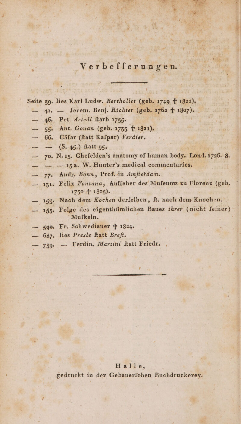 —n — u 41. 46. 55» 66. 70. 77: 131. 155: 590. 687. 759. Verbeflerungen \ lies Kar! Ludw. Berthollet (geb. 1749 1822). — Jerem. Ben). ‚Richter (geb. ı762 } ar Pet. Artedi ftarb 1735. Ant. Gouan (geb. 1733 FF ıgaı). Cäfar (fatt Kalpar) Verdier. (S. 45.) Ratt 95. N. 15. Chefelden’ s anatomy of human body. Lond. 1726. 8. —_ 15a. W. Hunter’s medical commentaries. Andr. Bonn, Prof. in Amfterdam. Felix Fontana, Aufleher des’ Mufeums zu Florenz (geh. 1730 ’F 1805). Nach dem Kochen derlelben, R. nach dem Knochen. Folge des eigenthümlichen Baues ihrer (nicht feiner) Mufkeln. Fr. Schwediauer 'F 1824. lies Presle ftatt Breft. — Ferdin,. Martini ftatt Friedr. Halle, gedruckt in der Gebauerfchen Buchdruckerey.