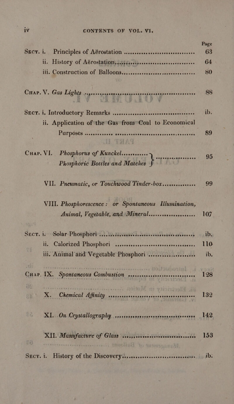 Page Sect. i. Principles of Atrostation ...ccsscssecerssosesecscevsscore 63 il. History of AérostaGiony Jeg fi. lip.csscecccasceseoeres iovee. ' G4 iii. Construction of Balloons.........+0000+ tae Fete ae 33 « wis. ‘SO CHap. V. Gas Lights to? eeecoe SPOOR SHOT ECAHKRHOHPSSHEHESHESESHEOEHOHOHESEEHHHOHESEOR 8&amp;8 Sect. i. Introductory Remarks .........04 sash antes bavendewentonyo ib. ii. Application of the Gas from Coal to Economical Purposes eeereerescece ©e@ COC eeeoteese SSeS eeoeseeveeeses. Seseoersse 89 Cuap. VI. Phosphorus of Kunckel.sscoveresee 95 Phosphoric Bottles and Matches } VII. Pneumatic, or Touchwood Tinder-box....ccccceee 99 VIII. Phosphorescence : or Spontaneous Illumination, Animal, Vegetable, and \Mineral......erseeeeeee 107 SEcT. 1. Solar Phosphori coco ree see ves beecsovdesese ee roeees veeeseces ib. ii. Calorized Phosphori ...scoccsssessecees sevabsruathaiaees, LEO iii, Animal and Vegetable Phosphori ..........,.eeceeeeee 1D. CHap. IX. Spontaneous Combustion ssevsseneccensavanscesnnngeecs 128 Koy Chemica AWiae cc slut siesmamtaes | 182 XI. On Crystallography ..roresssccrsscessrsevsececsessoseeses 142 XII. Manufacture of Glass secjreivecccsstvesssvevesscccsee 153 Sect. i. History of the Discoveryt,,...s.cesssesecesesesevescedess, ju dbs